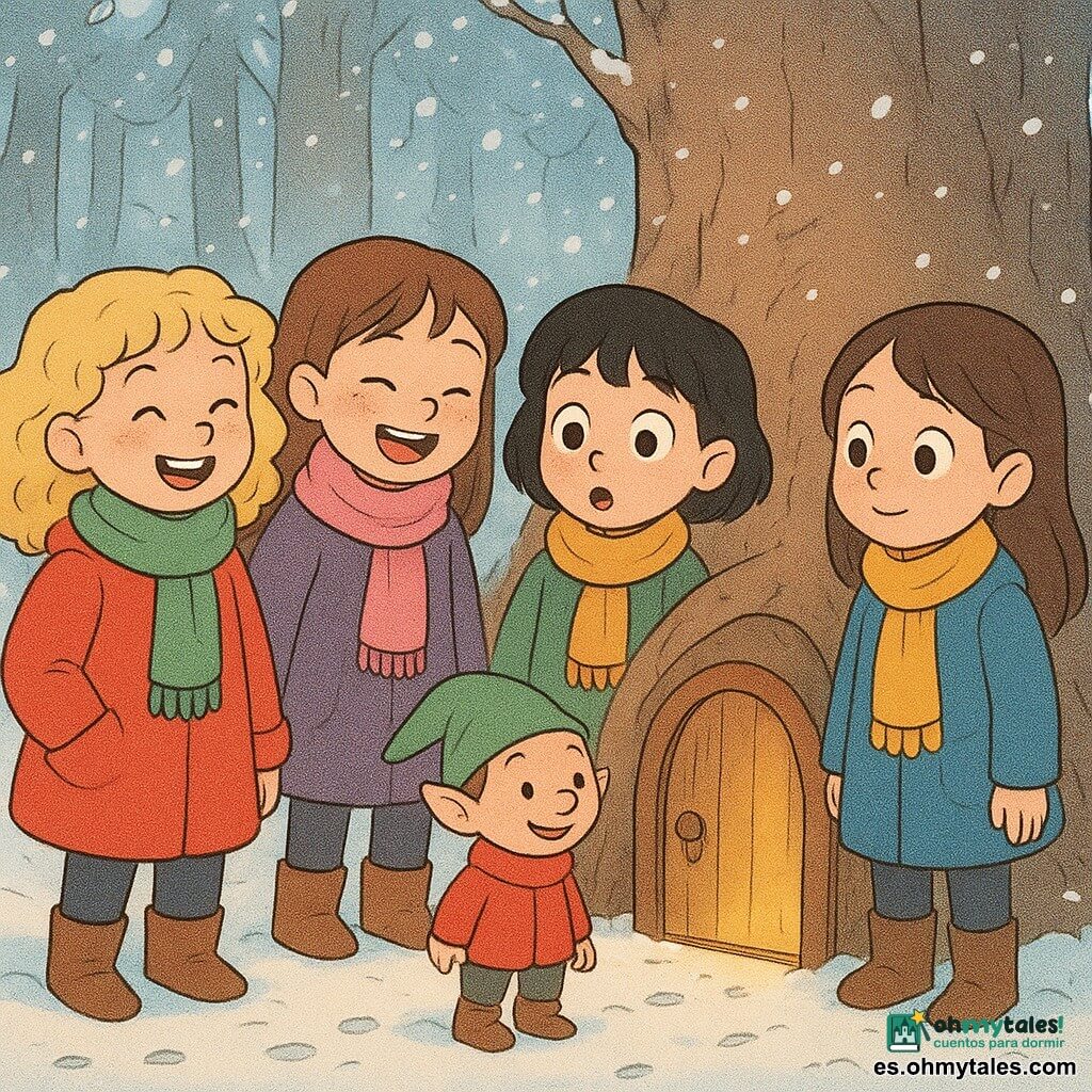 Hay 5 personajes: Una niña llamada Ana, de unos 7 años, con cabello rubio y rizado, lleva un abrigo rojo y una bufanda verde, está a la izquierda, sonriendo alegremente. Una niña llamada Lucía, de unos 7 años, con cabello castaño y liso, viste un abrigo azul y una bufanda amarilla, está a la derecha, mirando con asombro. Una niña llamada Marta, de unos 7 años, con cabello pelirrojo y pecas, lleva un abrigo violeta y una bufanda rosa, está en el centro, riendo. Una niña llamada Sofía, de unos 7 años, con cabello negro y corto, viste un abrigo verde y una bufanda naranja, está al lado de Marta, con los ojos muy abiertos de sorpresa. Un pequeño duende llamado Nico, con un sombrero puntiagudo verde, una chaqueta roja y zapatos marrones, está frente a una pequeña puerta de madera abierta, sonriendo cálidamente. El lugar es un rincón encantador del bosque, con grandes árboles cubiertos de nieve brillante, copos cayendo suavemente. En el suelo, una fina capa de nieve inmaculada está salpicada de pequeñas huellas. La situación principal muestra a las cuatro niñas descubriendo la casa del duende Nico. Están maravilladas por la pequeña puerta de madera abierta, iluminada por una suave luz dorada que emana del interior, creando una atmósfera mágica y acogedora.
