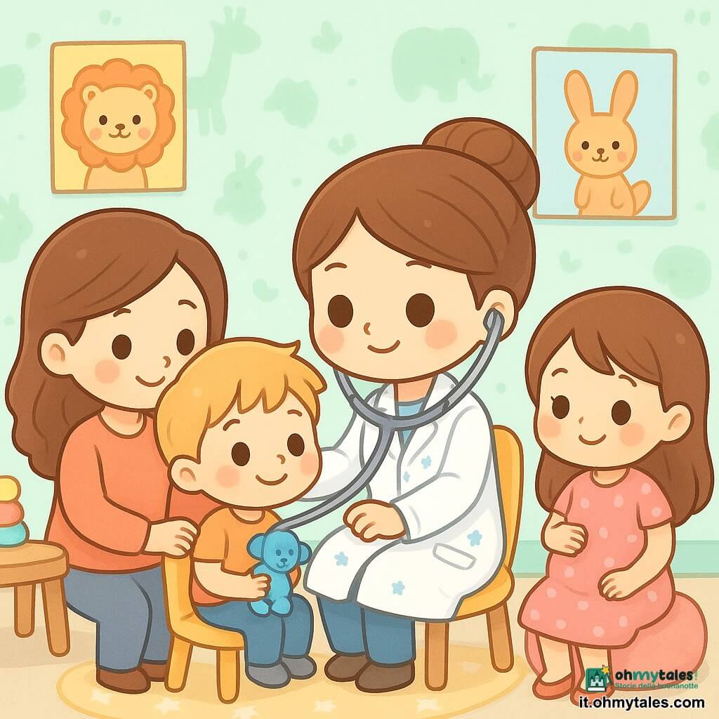 La protagonista è una dottoressa di circa 30 anni, viso rotondo, guance rosate, capelli castani raccolti, sorriso dolce, con un grande stetoscopio argentato e camice bianco a piccoli stelline blu che ascolta il cuore di un bambino; il bambino Marco, 4 anni, capelli biondi spettinati, naso leggermente arrossato, seduto su una piccola sedia gialla a sinistra, sorride tenendo un peluche blu; la madre di Marco, 30–35 anni, capelli castani lunghi, in piedi dietro la sedia con la mano sulla spalla del bambino e sguardo rassicurato; un'altra paziente, Lucia, 5 anni, vestito rosa a pois bianchi, seduta su un cuscino a destra, tiene la pancia facendo una smorfia prima di sorridere; ambientazione: sala d'attesa di un ambulatorio pediatrico colorata con pareti color menta e carta da parati con animali, poster educativi con animali sorridenti, tavolino di legno con giocattoli e tappeto tondo a tema stelle; scena calorosa e rassicurante, tutti sorridono, colori pastello e luce morbida.