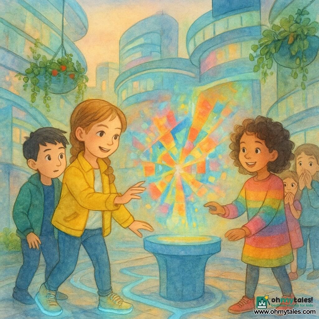 Lina, 8, smiling but focused with light-brown braided hair, yellow jacket and bright sneakers, reaches out to ask others to turn off a large hologram; Sam, about 8 with short black hair, stands left of her ready to help; Mia, about 9 with curly hair and a colorful outfit, presses a button at the screen and apologizes with a smile while three children behind her watch in astonishment with hands over their mouths; futuristic street corner with curving glass buildings, ribbon-like flexible screens, hanging planters, glowing blue floor patterns and reflective paving; central hologram is a vivid burst of rotating geometric shapes that Lina and Mia lower gently until the light becomes soft and golden; warm atmosphere, soft watercolor palette with neon accents, delicate lines and expressive faces.