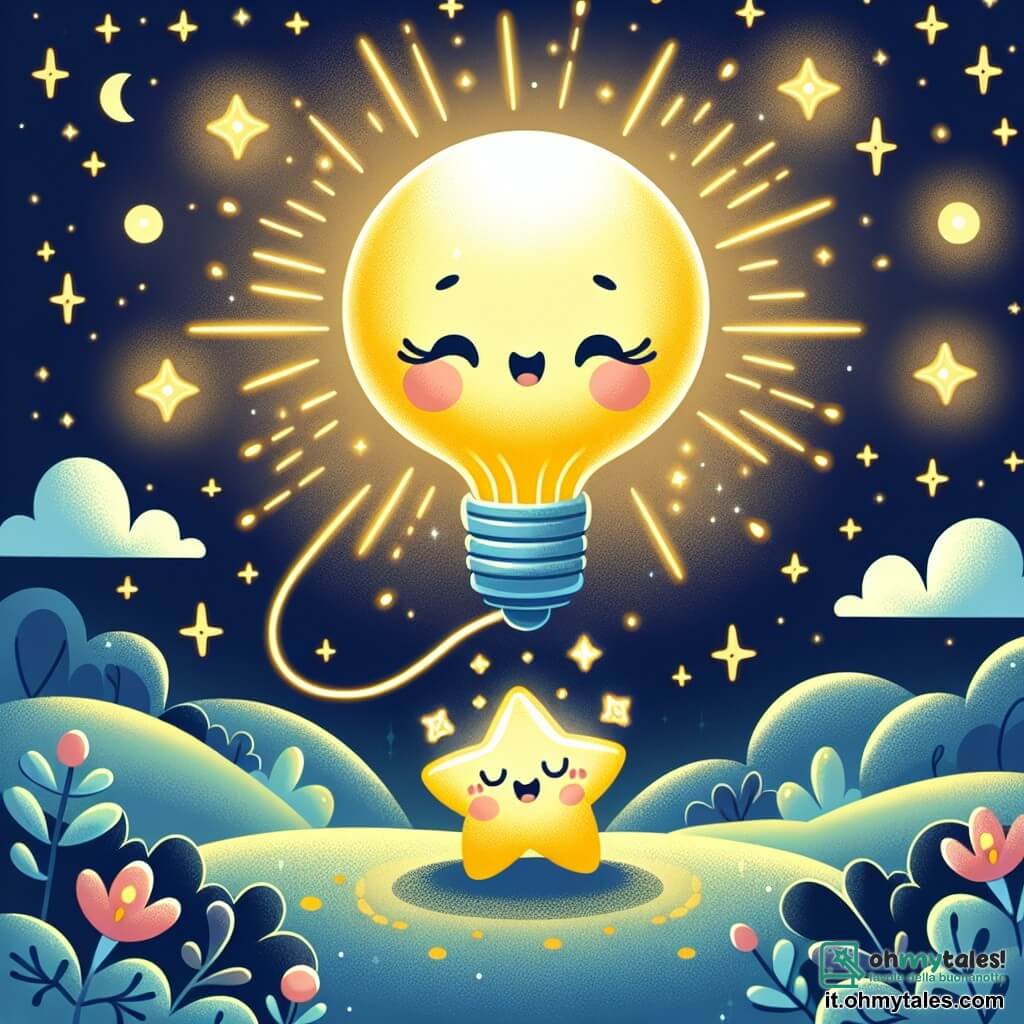 Una piccola lampadina di nome Luna, con un volto sorridente e occhi scintillanti, brilla al centro dell'immagine. Ha una forma rotonda e morbida, con colori gialli e dorati, illuminando l'ambiente con una luce calda. Luna sta danzando gioiosamente, i suoi raggi luminosi si estendono attorno a lei. Accanto a lei, una piccola stella scintillante, con braccia sottili e un sorriso radioso, fluttua nel cielo notturno. È di colore azzurro chiaro, con occhi brillanti e un'espressione amichevole, incoraggiando Luna a brillare ancora più forte. Lo sfondo è un cielo notturno pieno di stelle scintillanti, con una luna dolce e rotonda che illumina il paesaggio. In basso, si vedono dolci colline e fiori addormentati, creando un'atmosfera pacifica e magica. La scena principale mostra Luna che, dopo aver superato la sua paura del buio, si illumina di gioia, circondata da stelle che danzano attorno a lei, trasformando la notte buia in uno spettacolo luminoso e incantevole.