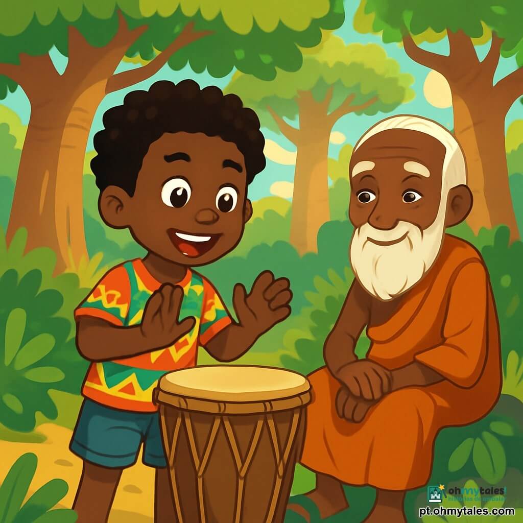 Kofi, um garoto de cerca de dez anos, com cabelos crespos e brilhantes, usa uma camiseta colorida e um short de tecido. Ele tem olhos curiosos e um sorriso radiante, enquanto está diante de um tambor antigo, com as mãos levantadas, pronto para tocar. Ao lado dele, o velho griot, um homem idoso com uma longa barba branca e rugas marcadas pelo tempo, observa com um olhar benevolente, sentado em uma pedra, cercado por folhas verdes. A cena acontece no coração de uma floresta exuberante, onde majestosos baobás se erguem em direção ao céu, e raios de sol filtram através da folhagem, criando sombras dançantes no chão. Kofi, encantado pela magia do tambor, está prestes a bater na pele, despertando assim os espíritos da floresta.