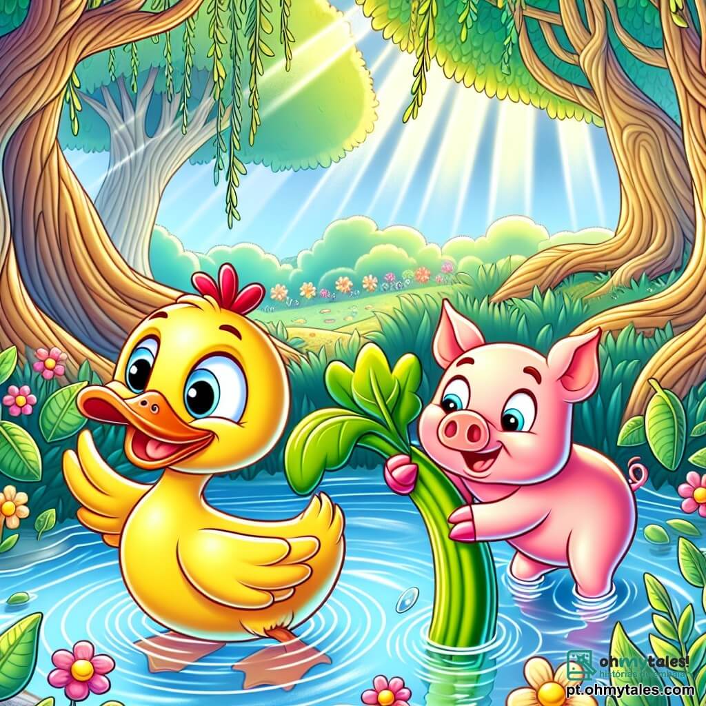 Um pato alegre chamado Quico, com plumagem amarela brilhante e um pequeno chapéu vermelho, nada em um lago cintilante, seus olhos brilhando de curiosidade e um grande sorriso no bico. Ao seu lado, um pequeno porquinho rosa chamado Tico, com grandes orelhas e um ar travesso, tenta puxar uma grande cenoura de um arbusto verde, equilibrando-se nas patas traseiras com determinação. Ao fundo, uma floresta encantada se ergue, cheia de árvores com troncos retorcidos, flores coloridas e raios de sol filtrando pelas folhas, criando uma atmosfera mágica. A cena mostra Quico e Tico se divertindo juntos, prontos para partir em uma aventura em busca de um tesouro escondido na floresta.