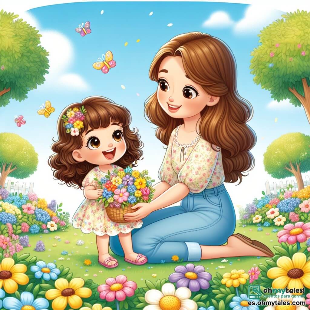 Una niña de 2 años, Luz, con grandes ojos brillantes y cabello rizado castaño, sonríe alegremente mientras sostiene un ramo de flores coloridas en sus pequeñas manos. Lleva un vestido ligero de flores y está sentada en un jardín soleado, rodeada de flores amarillas, rosas y azules. Junto a ella, su mamá, una mujer de unos 30 años con cabello largo y liso, vestida con una blusa ligera y pantalones de mezclilla, sonríe mirándola mientras sostiene una pequeña canasta llena de flores. Ambas están sentadas en la hierba verde, rodeadas de mariposas coloridas que vuelan a su alrededor. El jardín está lleno de flores brillantes, con un cielo azul claro y algunas nubes blancas. Los árboles con hojas verdes bordean el jardín, creando una atmósfera pacífica y alegre. En esta escena, Luz y su mamá se divierten recogiendo flores para decorar su casa, mientras las mariposas danzan a su alrededor, añadiendo magia a la primavera.