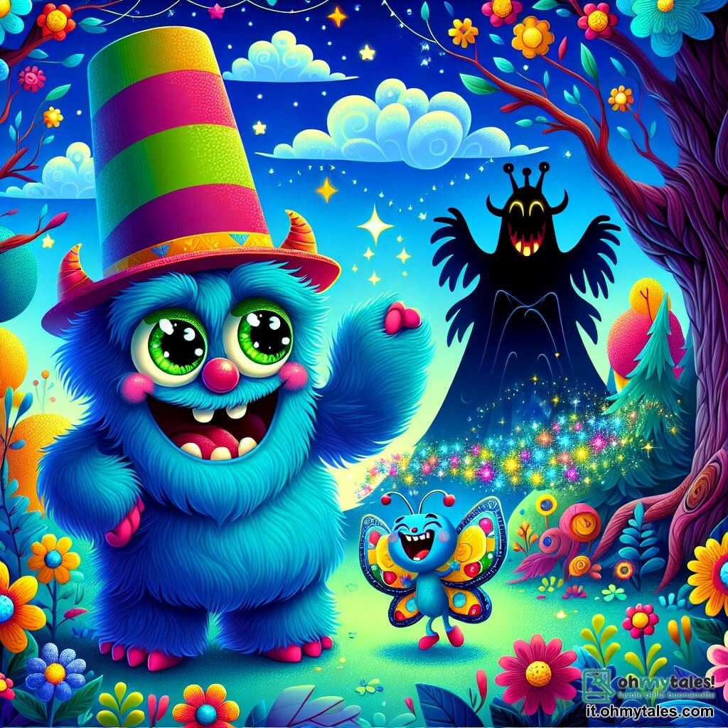 Al centro dell'immagine, Rumble, il mostro dei sogni, è un grande essere dal pelo blu brillante, con grandi occhi verdi scintillanti di gioia. Indossa un cappello a cilindro colorato e mostra un ampio sorriso, ridendo a crepapelle mentre racconta una barzelletta ai suoi amici. Accanto a lui, Poppy, una piccola farfalla dalle ali multicolori, volteggia allegramente nell'aria, scoppiando in risate e lanciando glitter scintillanti intorno a sé. Sullo sfondo, il Re delle Ombre, un personaggio misterioso con una silhouette scura e occhi brillanti, siede sul suo trono, ridendo di cuore, circondato da ombre danzanti. La scena si svolge nella Valle dei Fiori Strampalati, un paesaggio incantevole pieno di fiori dai colori vivaci che sbocciano sotto un cielo blu brillante. Alberi dai tronchi contorti e foglie scintillanti creano un'atmosfera magica, mentre nuvole a forma di creature buffe fluttuano nel cielo. La situazione principale mostra Rumble, con un'aria birichina, che racconta una barzelletta al Re delle Ombre, che ride a crepapelle, mentre Poppy volteggia intorno a loro, creando un'atmosfera di gioia e magia.