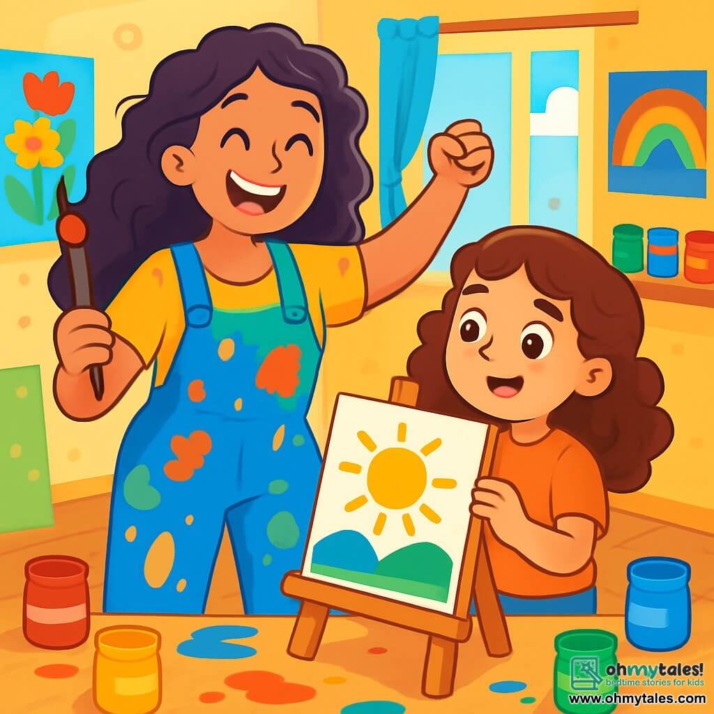 A joyful woman, Lila, is at the center of the image, with long curly hair and a bright, beaming smile. She is wearing a colorful overalls splattered with paint and holding a paintbrush in one hand while raising the other in encouragement. Next to her is a little girl, Rosie, about 8 years old, with curly brown hair and sparkling eyes of excitement, looking at a small painting she just created, a proud smile on her face. Their studio is bright and welcoming, with large windows letting in sunlight, walls covered with vibrant paintings, and shelves filled with colorful paint pots. Paint splatters decorate the light wooden floor, adding a touch of magic to the environment. The scene shows Lila and Rosie creating together, surrounded by bright colors, as they share a moment of joy and artistic learning. Lila encourages Rosie, who admires her own masterpiece, while a ray of sunlight illuminates their work, symbolizing creativity and friendship.