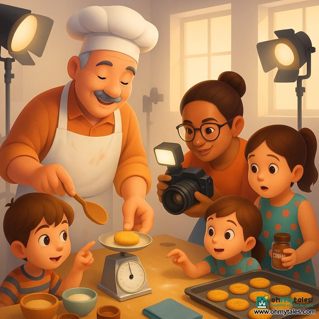 Chef Milo, smiling and kind, round face with a thin mustache and short gray hair, wearing a flour-stained white apron, holds a wooden spoon and places a golden cookie on a small shiny plate; Lina, a photographer in her 30s with brown hair in a bun and round glasses, crouches with a large black camera and soft flash aimed at the plate, focused smile; Sam, about 7, chestnut hair and curious eyes in a striped T-shirt, points at the dial of a shiny silver scale; Ana, about 6, hair in a ponytail and a polka-dot dress, holds a jar of cinnamon behind the baking tray, amazed; bright studio with white walls, large windows letting in warm light, tripod lights and a light-wood table with ceramic bowls, spice jars, a cookie tray, the scale and a folded blue towel; Milo demonstrates weighing and sharing a cookie for the photo as soft light hits the central plate, flour crumbs and a pinch of cinnamon are visible and the camera flashes while the children watch attentively; visual style warm colors, soft textures, subtle shadows and crisp details like flour, silver reflections and wood grain.