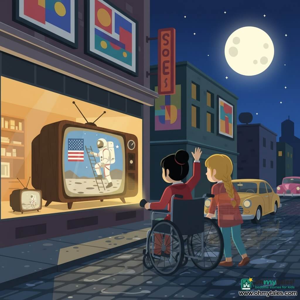 Two translucent girls, about 12: Lucy, blond braids, khaki jacket and jeans, holding a small flashlight in her right hand, slightly left and gazing in wonder at a shop window screen; Jade, black hair in a bun, red jacket, seated in a metal wheelchair to Lucy’s right, looking at the street TV and raising a hand as if to salute the Moon. The scene is a retro 1969 urban street after rain with shiny cobblestone sidewalks, large wood-framed TV displays in shop windows showing the first Moon landing, colorful billboards, rounded chrome vintage cars, and a deep night sky with a very bright Moon and stars; warm screen light reflects on their faces, composition centered on the window with the Moon at the top right.