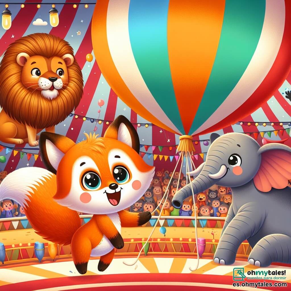 Un pequeño zorro de pelaje naranja brillante y cola esponjosa, con grandes ojos chispeantes de curiosidad, baila alegremente alrededor de un gran globo colorido, mostrando una amplia sonrisa. Cerca, un majestuoso león, el domador de animales, con una melena dorada y una mirada orgullosa, observa con aire de orgullo y admiración, mientras anima a los elefantes. El escenario se desarrolla en un circo brillante, lleno de carpas a rayas rojas y amarillas, luces centelleantes y un público entusiasta que aplaude. En el centro del escenario, elefantes grises, con grandes orejas, intentan subirse al globo, mostrando en sus rostros una combinación de emoción y nerviosismo. La situación principal muestra al zorro animando a los elefantes a divertirse bailando alrededor del globo, creando una atmósfera de alegría y camaradería en el circo.