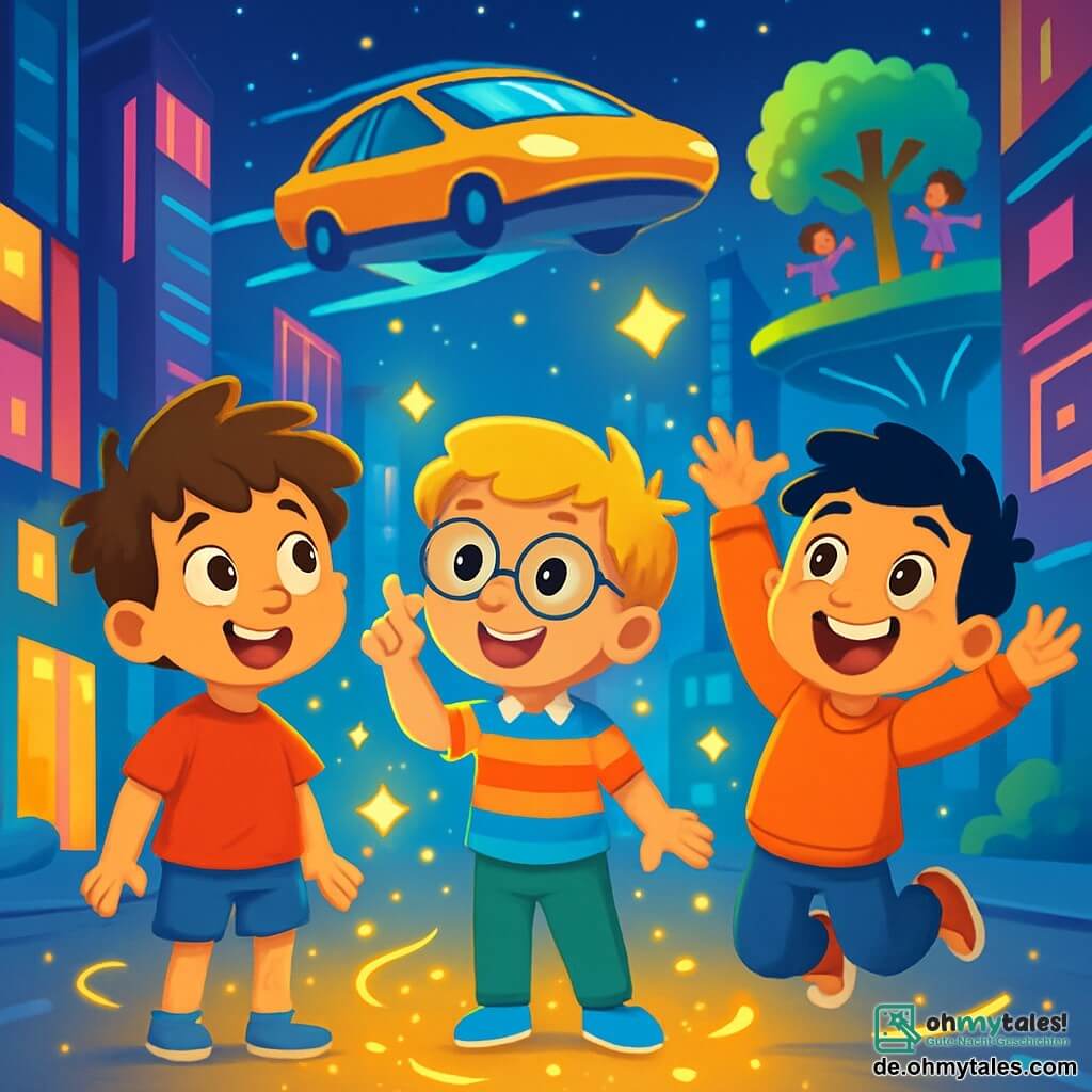 Es gibt drei Charaktere: Max, ein 5-jähriger Junge mit zerzausten braunen Haaren und funkelnden Augen, trägt ein rotes T-Shirt und eine blaue Shorts und schaut fasziniert auf die Lichtstrahlen um ihn herum. Leo, ein 5-jähriger Junge mit blonden Haaren und runden Brillen, trägt ein bunt gestreiftes Hemd und grüne Hosen. Er lächelt fröhlich und zeigt auf einen Lichtfleck. Ben, ein 5-jähriger Junge mit schwarzen Haaren und Sommersprossen, trägt einen orangefarbenen Sweatshirt und Jeans. Er springt vor Freude mit erhobenen Armen in die Luft. Die drei Freunde stehen zusammen im Zentrum einer belebten Straße in Glitzerstadt, umgeben von futuristischen Gebäuden mit funkelnden Fassaden, die von bunten Neonlichtern beleuchtet werden. Über ihnen fliegen Autos und hinterlassen leuchtende Spuren. Im Hintergrund sorgen schwebende Parks mit Bäumen und spielenden Kindern für eine fröhliche, magische Atmosphäre. Die Hauptsituation der Geschichte zeigt die drei Freunde, die fasziniert die Magie von Glitzerstadt entdecken, während sie sich darauf vorbereiten, in einen Lichtschimmer eines fliegenden Taxis zu steigen, das sie auf ein Abenteuer mitnehmen wird.