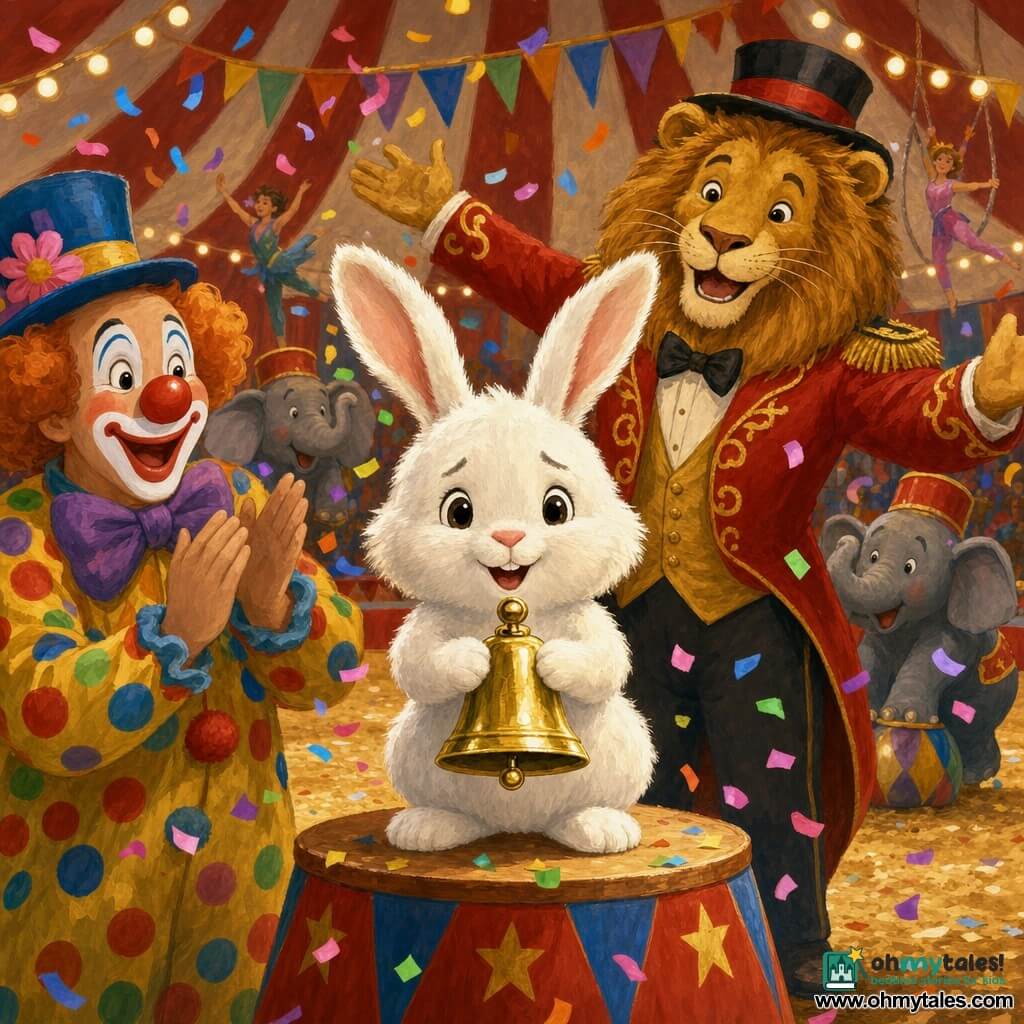 A realistic small white plush rabbit with fluffy long ears and shiny round eyes looks happy and slightly nervous, holding a gleaming golden bell with its front paws; to the left a clown named Chuckles with a painted smiling face, round red nose and colorful polka-dot costume applauds and tosses confetti; behind the rabbit, slightly back, a large lion dressed as ringmaster with a neat golden mane and ornate red coat smiles warmly with arms raised to present the scene; in the background, miniature elephants in red hats and silhouetted acrobats blur in motion for depth; the setting is the interior of a red-and-white striped circus tent with a beige sawdust floor, warm string lights and colorful banners; the main scene shows the rabbit ringing the bright bell on a small wooden stool under a warm spotlight, surrounded by confetti and bursts of color in a joyful, magical atmosphere.