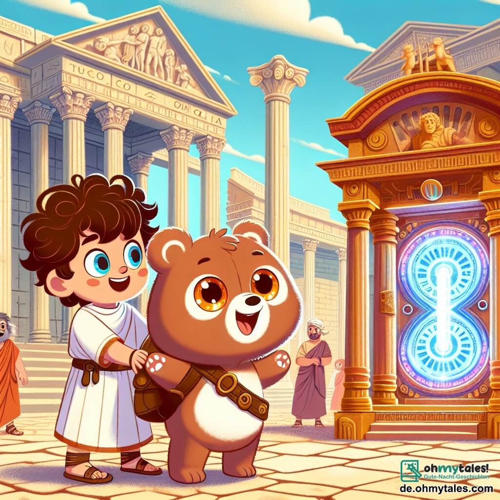 Ein kleiner brauner Bär namens Bruno, mit weichem Fell und funkelnden Augen, steht vor einer Zeitmaschine. Er lächelt breit, seine Pfoten erhoben aus Neugier, während er die strahlende Maschine betrachtet. Neben ihm steht ein junger römischer Junge namens Lucius, mit lockigem Haar und einer weißen Tunika, der fröhlich lächelt und einen Lederball hält. Er ist begeistert und scheint bereit zu spielen, während er etwas im Hintergrund steht, um Bruno die Maschine bewundern zu lassen. Im Hintergrund spielt die Szene im alten, lebhaften Rom, mit majestätischen Steingebäuden, imposanten Säulen und Menschen in Togas. Der Himmel ist blau und sonnig, was eine fröhliche Atmosphäre schafft. Die Hauptsituation zeigt Bruno und Lucius, vereint durch Freundschaft, bereit, gemeinsam Spaß zu haben und die Wunder der Zeitreise zu entdecken, mit der funkelnden Maschine im Hintergrund, Symbol ihrer bevorstehenden Abenteuer.