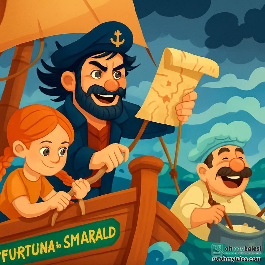 Un bărbat cu fața brăzdată, căpitanul Octav, stă ferm pe puntea corvetei sale, „Furtuna de Smarald”. Ochii săi strălucesc de entuziasm și determinare, în timp ce flutură o hartă veche în vânt, părul său negru plutesc ca niște pânze. Lângă el, Mara, o fetiță de 12 ani cu părul roșu și împletituri strânse, ajustează un nod pe o frânghie, având o expresie concentrată și plină de curaj. Mai departe, amuzantul domnul Moț, un bărbat de cincizeci de ani cu un zâmbet larg și o mustață stufoasă, pregătește un fel de mâncare într-o oală mare, râzând în hohote în ciuda furtunii care se apropie. Decorul este o mare agitată, cu valuri mari și nori întunecați amenințători în cer, în timp ce corveta se leagănă periculos. Situația principală arată căpitanul Octav provocând furtuna, pregătit să navigheze spre necunoscut, în timp ce echipajul său se agită în jurul său, fiecare jucând un rol crucial în această aventură palpitantă.