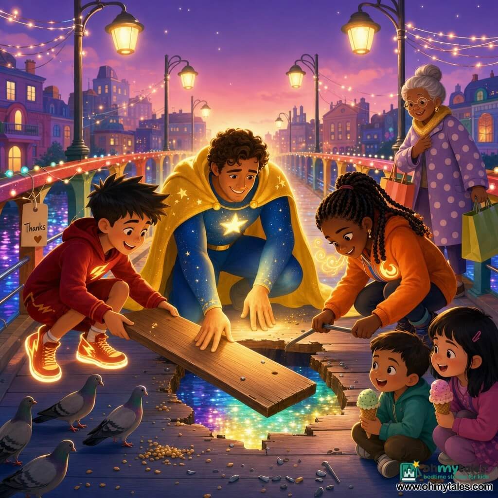 A radiant, reassuring man, Captain Lumen, with curly brown hair, a yellow starry cape and sparkly blue suit, gently illuminates a broken wooden plank on a glowing rainbow bridge over the Glitter River as a warm golden light guides a repair; to his left Bolt Boy, a spirited 10-year-old in red and glowing sneakers, runs holding a plank ready to stabilize the bridge, and to his right Ember, an 11-year-old girl with braided hair and an orange jacket, concentrates as she bends a metal bar back into place; an elderly woman with gray hair in a bun watches relieved from the far end, two younger children sit at the edge with ice creams looking admiringly, and small details like cookie crumbs, spilled birdseed and a "Merci" tag on a colorful railing add warmth; twilight purple-pink sky, retro lampposts, pastel buildings, sparkling wires and a soft directional glow emphasize saturated-but-soft colors, smooth gradients and slightly grainy wood and metal textures.