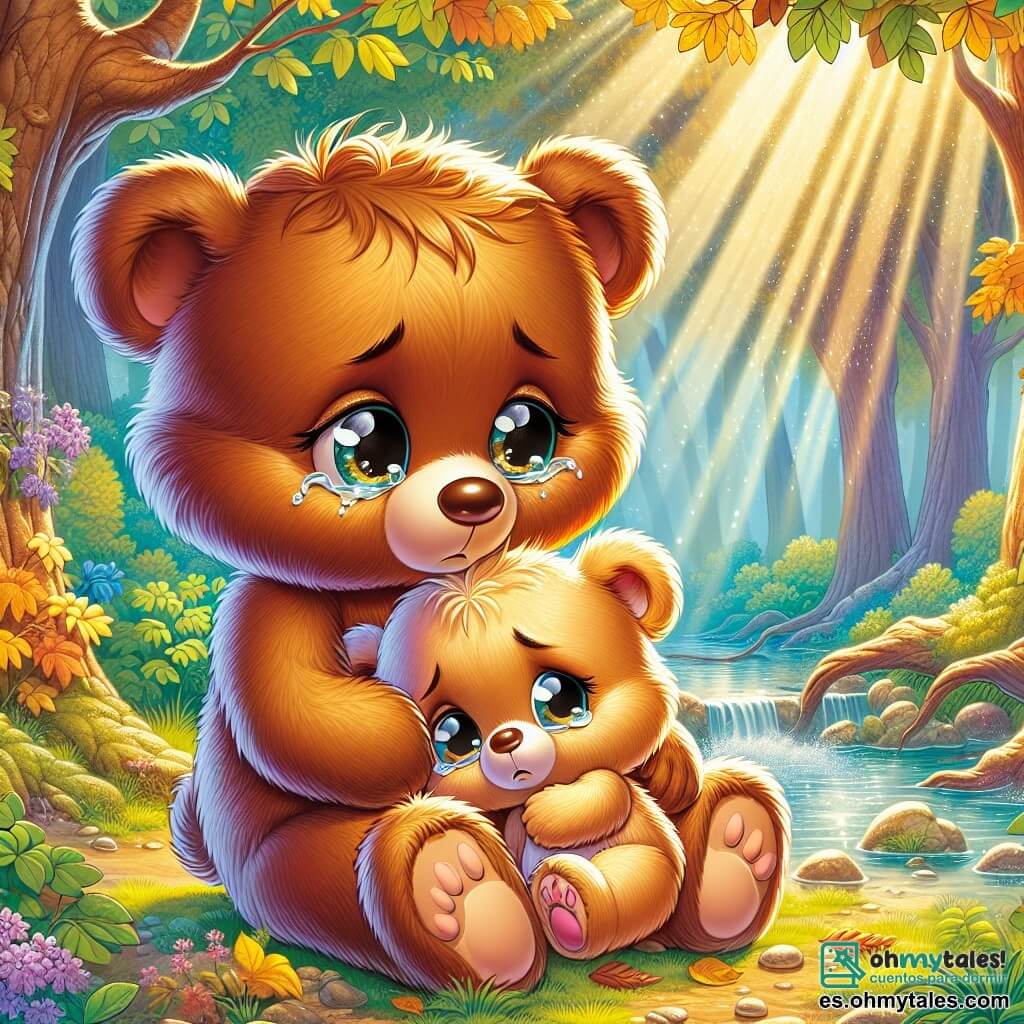 Un pequeño oso de peluche llamado Nico, con un suave pelaje marrón y ojos redondos y brillantes, está de pie sobre sus patas traseras, con una expresión de tristeza y curiosidad. Mira hacia el cielo, con lágrimas en los ojos, sosteniendo una pequeña flor amarilla en sus patas delanteras. A su lado, su hermana mayor, una osa de pelaje crema y ojos reconfortantes, lo abraza, mostrando una sonrisa dulce y apacible, mientras le susurra palabras de consuelo. El escenario es un hermoso bosque verde, con majestuosos árboles de hojas doradas, un arroyo brillante cercano y rayos de sol filtrándose entre las ramas. La escena muestra a Nico y su hermana compartiendo un momento de ternura, recordando los dulces recuerdos de su abuelo, rodeados de la reconfortante belleza de la naturaleza.