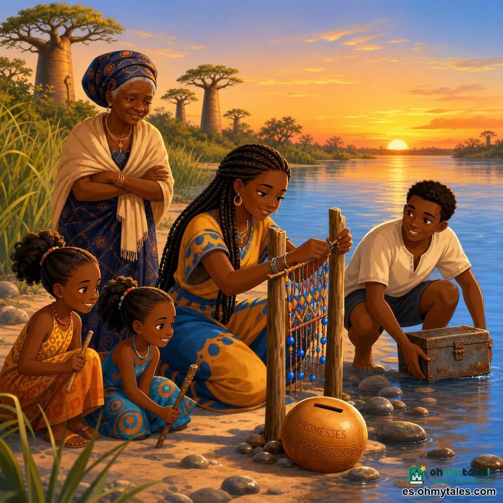 Amina, joven, arrodillada al borde del río, sonriente y concentrada, ata una pequeña tapicería colorida a dos postes de madera; Nana Kadi, anciana, detrás a la izquierda, la observa y guía; Bakari, adolescente, agachado a la derecha, sostiene una vieja caja metálica recogida del agua; Fanta y Mariam, dos niñas, curiosas y risueñas, sujetan ramitas al frente a la izquierda. La orilla: arena parda clara, hierbas oliva, piedras mojadas y troncos de baobab; cielo de atardecer color mango con reflejos azules y naranjas en el agua. Escena comunitaria de limpieza y ordenación de la ribera: cuelgan una tapicería de hilos y cuentas azules y colocan una calabaza con ranura para promesas. Ambiente visual de colores cálidos y contrastes (ocre, azul cielo, verde oliva), texturas de tejido y madera, luz suave del ocaso, composición centrada en Amina y la tapicería, estilo claro, infantil y moderno con trazos definidos y formas redondeadas.