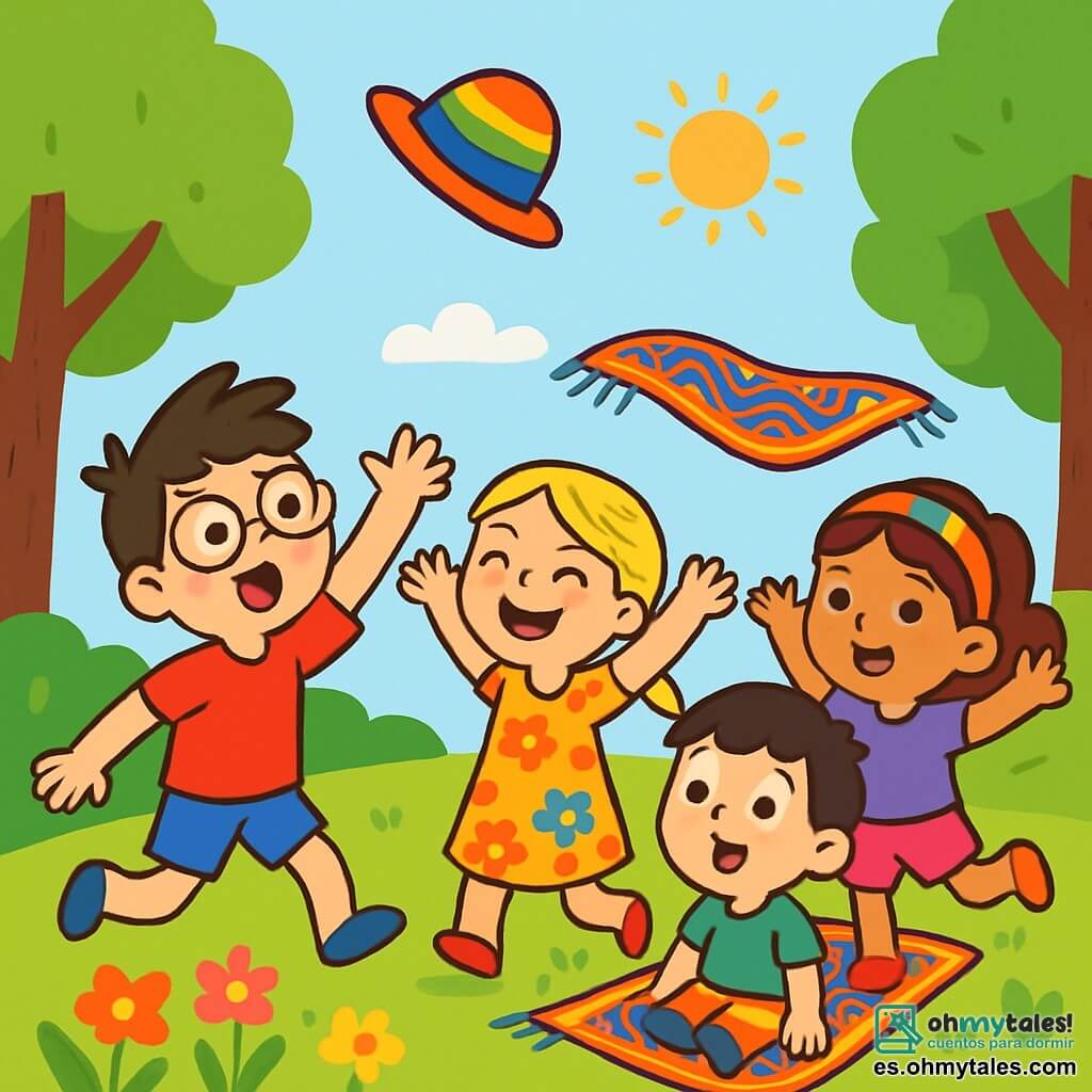 Hay 4 niños: - Lucas: un niño de 8 años con cabello castaño desordenado y gafas redondas. Lleva una camiseta roja y un pantalón corto azul, y está estirando la mano hacia un sombrero colorido que flota en el aire. - Ana: una niña de 7 años con largas trenzas rubias y una sonrisa brillante. Lleva un vestido de flores y está al lado de Lucas, con los brazos levantados riendo. - Mateo: un niño de 8 años con cabello negro y pecas en la cara. Lleva una camiseta verde y pantalones cortos, y está sentado en una alfombra voladora, con los ojos abiertos de asombro. - Sofía: una niña de 6 años con cabello castaño rizado y una diadema colorida. Lleva una camiseta morada y un pantalón corto rosa, y está bailando sobre la alfombra, con los brazos en el aire. El lugar es un parque soleado, lleno de árboles majestuosos y flores multicolores. En el centro, una alfombra voladora flota en el aire, mientras un sombrero con rayas de arcoíris está colgado de una rama, listo para ser rescatado. La situación principal muestra a los cuatro amigos en una aventura, corriendo y riendo mientras intentan salvar el sombrero mágico que se ha volado. Sus rostros están llenos de emoción y alegría, creando una atmósfera de magia y camaradería.