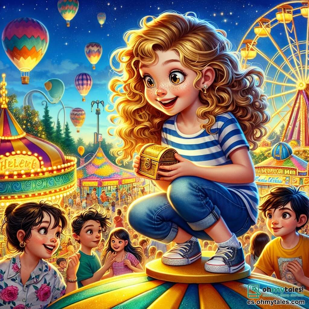 Clara, una niña de 11 años con cabello rizado y dorado, y ojos llenos de curiosidad, está en la cima de una montaña de juegos colorida. Lleva una camiseta a rayas y un short de mezclilla, y su rostro refleja una emoción palpable mientras sostiene un pequeño cofre dorado. A su lado, Lucas, un niño de 12 años con cabello castaño desordenado y una sonrisa traviesa, observa el cofre con asombro, con los brazos cruzados sobre el pecho. Valeria, una niña de 11 años con cabello largo y negro, vestida con un vestido de flores, se inclina hacia adelante, intrigada, mirando atentamente el cofre. El lugar es una feria animada, llena de colores vivos, con atracciones brillantes y luces parpadeantes. En el fondo, niños ríen y juegan, mientras globos flotan en el cielo azul. La situación principal muestra a Clara y sus amigos descubriendo un tesoro escondido en la cima de la montaña de juegos, simbolizando su aventura como pequeños investigadores, rodeados de una atmósfera festiva y mágica.