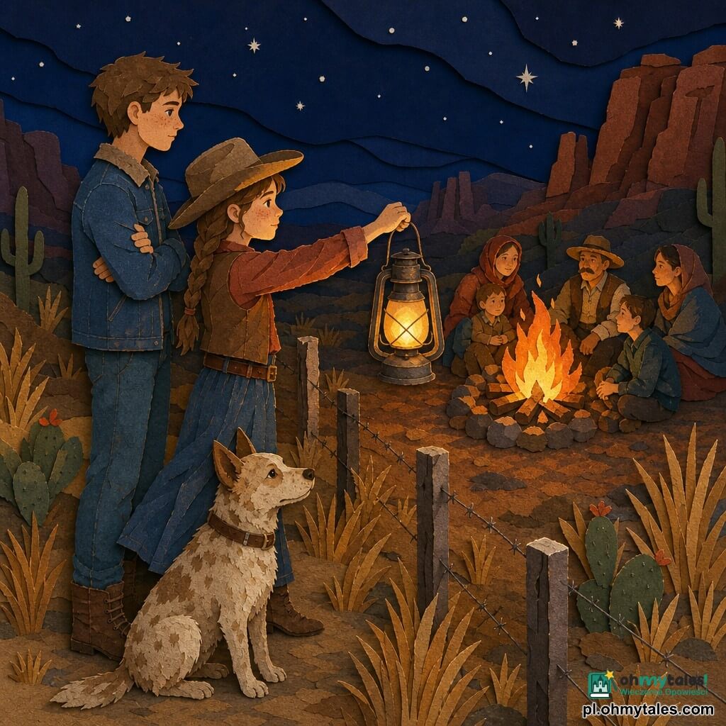 Młoda cowgirl ok. 13 lat, piegowata, brązowe włosy w warkoczu, zdecydowany łagodny wyraz twarzy, nieśmiały uśmiech, trzyma starą zardzewiałą metalową latarnię dającą ciepłe światło; chłopak ok. 16 lat, krótkie włosy, zakurzona jeansowa kurtka, skupiony i pełen szacunku, stoi obok ze skrzyżowanymi rękami; stara suka Mela, beżowe cętkowane futro, siedzi u stóp dziewczynki, postawne uszy, brudny pyszczek, zużyta skórzana obroża; sceneria: pustynna granica prerii z wysokimi złotymi trawami, kaktusami i czerwonymi skałami, duże kamienne kręgi tworzą ognisko z pomarańczowo-żółtym ogniem; atmosfera: głęboka gwiaździsta noc, indygo niebo, latarnia i ogień tworzą wyraźne kontrasty i ostre cienie; akcja: dziewczynka wyciąga latarnię jako symbol pokoju w stronę rodzin przy ognisku, chłopak jej towarzyszy, stoją po przeciwnych stronach granicy w spokojnych, pojednawczych gestach; styl graficzny: proste wyraźne formy, nakładające się tekstury papieru, ciepłe kolory dla ognia i latarni, zimne tony dla nieba i tła, widoczne kontury jak wycięte nożyczkami.