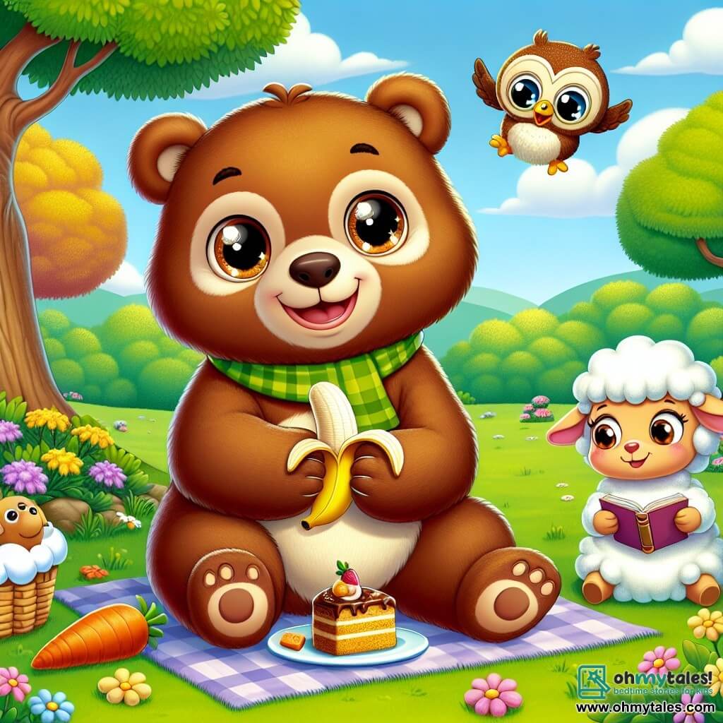 In the center of the image, Benny the Bear, a brown bear with sparkling joyful eyes, is sitting on the green grass of the park, a big smile on his face. He holds a banana in one paw and looks at his friends enthusiastically. To his right, Lily the Sheep, a small white ewe with soft curls, is cutting a piece of her carrot cake, her expression joyful and friendly. She wears a pretty pink ribbon around her neck. To Benny's left, Omar the Owl, a brown-feathered owl with large round eyes, reads a book passionately. His gaze is serious yet kind, perched on a tree branch above the others. The park is vibrant, filled with colorful flowers, majestic trees, and lush green grass. The sky is blue with fluffy white clouds, and the sun shines, creating a warm and welcoming atmosphere. The scene shows Benny and his friends enjoying a joyful picnic, surrounded by their homemade dishes while listening to Omar's story. The atmosphere is filled with laughter and camaraderie, illustrating the beauty of diversity and friendship.