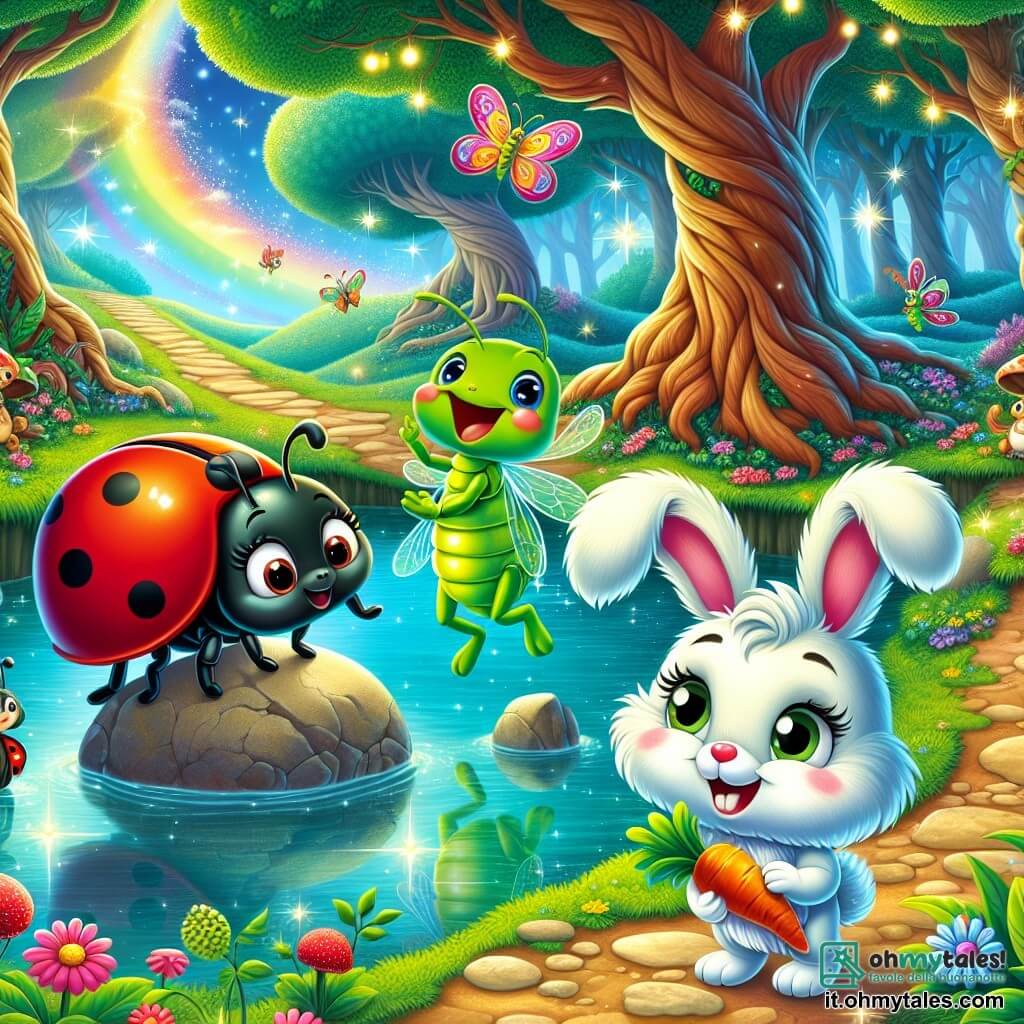 Una piccola coccinella di nome Lella, con un brillante dorso rosso punteggiato di macchie nere, vola allegramente sopra un lago scintillante, i suoi occhi brillano di eccitazione e curiosità. Accanto a lei, un grillo di nome Rino, con il suo corpo verde brillante e lunghe antenne, salta felice su una pietra, mostrando un ampio sorriso, mentre un adorabile coniglietto bianco di nome Mino, con grandi orecchie e una pancia rotonda, morde una carota osservando il lago con meraviglia. Lo scenario è una foresta incantata, con grandi alberi dai tronchi contorti che si ergono verso il cielo, le loro foglie verdi danzano dolcemente al vento, e fiori colorati adornano il sentiero verso il lago. La scena principale mostra Lella, Rino e Mino riuniti attorno al lago magico, pronti a esprimere i loro desideri, con lampi di luce e un arcobaleno brillante che si disegna sopra di loro, simboleggiando la magia della loro amicizia e dei loro sogni.
