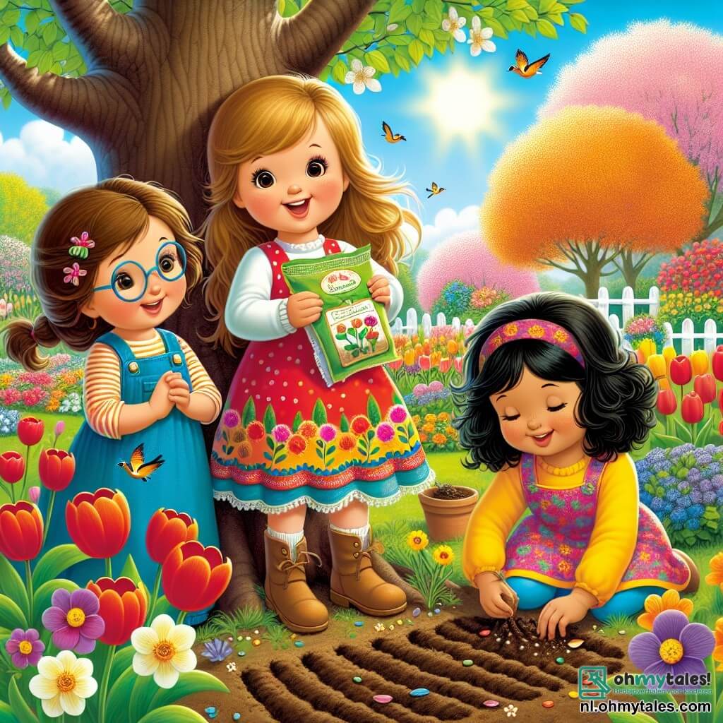 Drie kleine meisjes, Lina, Emma en Noor, van vier jaar oud, zijn samengekomen in een bloeiende tuin. Lina, met bruin haar en een ronde bril, staat bij een grote boom met een zakje zaden. Emma, met blond, krullend haar, zit op de grond en tekent een mooi patroon met bloemen. Noor, met zwart haar en een kleurrijke jurk, verstopt zich achter een struik en glimlacht vrolijk. De tuin is gevuld met heldere bloemen: rode tulpen, gele narcissen en paarse viooltjes. De lucht is blauw met enkele witte wolken, en de zon schijnt, wat het landschap verlicht. Vogels zingen in de bomen en bijen zoemen rond de bloemen. De drie vriendinnen zijn van plan om bloemenzaadjes in de tuin te zaaien, enthousiast om hun mooie bloemen te zien groeien. Ze lachen en moedigen elkaar aan, wat een vrolijke en levendige sfeer creëert, een symbool van de lente.