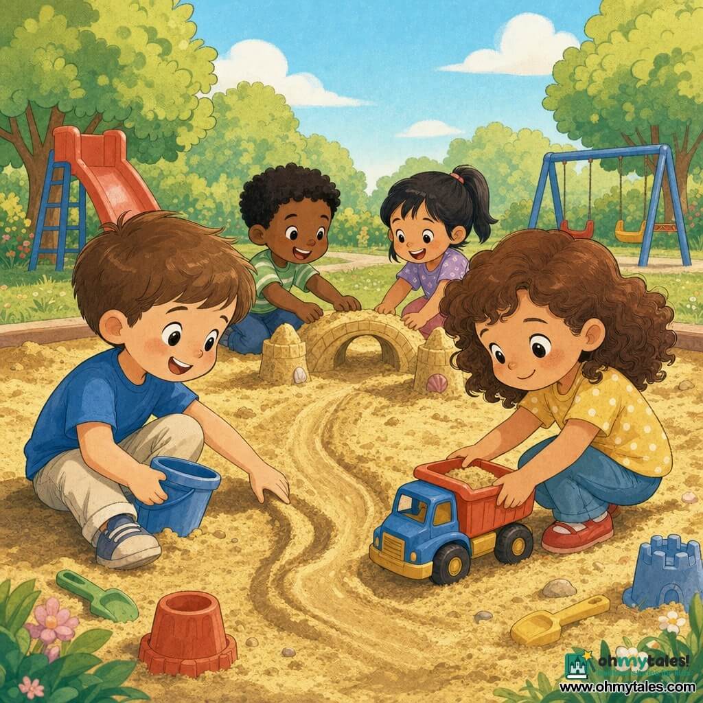 A smiling, curious 4-year-old boy named Leo with short brown hair, wearing a blue shirt and light pants, sits in golden sand holding a small plastic bucket as if digging, while 4-year-old Anya, with curly chestnut hair and red shoes, gently smiles and pushes a toy dump truck along the sandy path beside him; two other children of similar age and diverse ethnicities laugh and build a sand bridge in the background in a sunny morning park with a red slide, blue swings, green trees and a pastel sky, the scene warm, inclusive and cooperative.