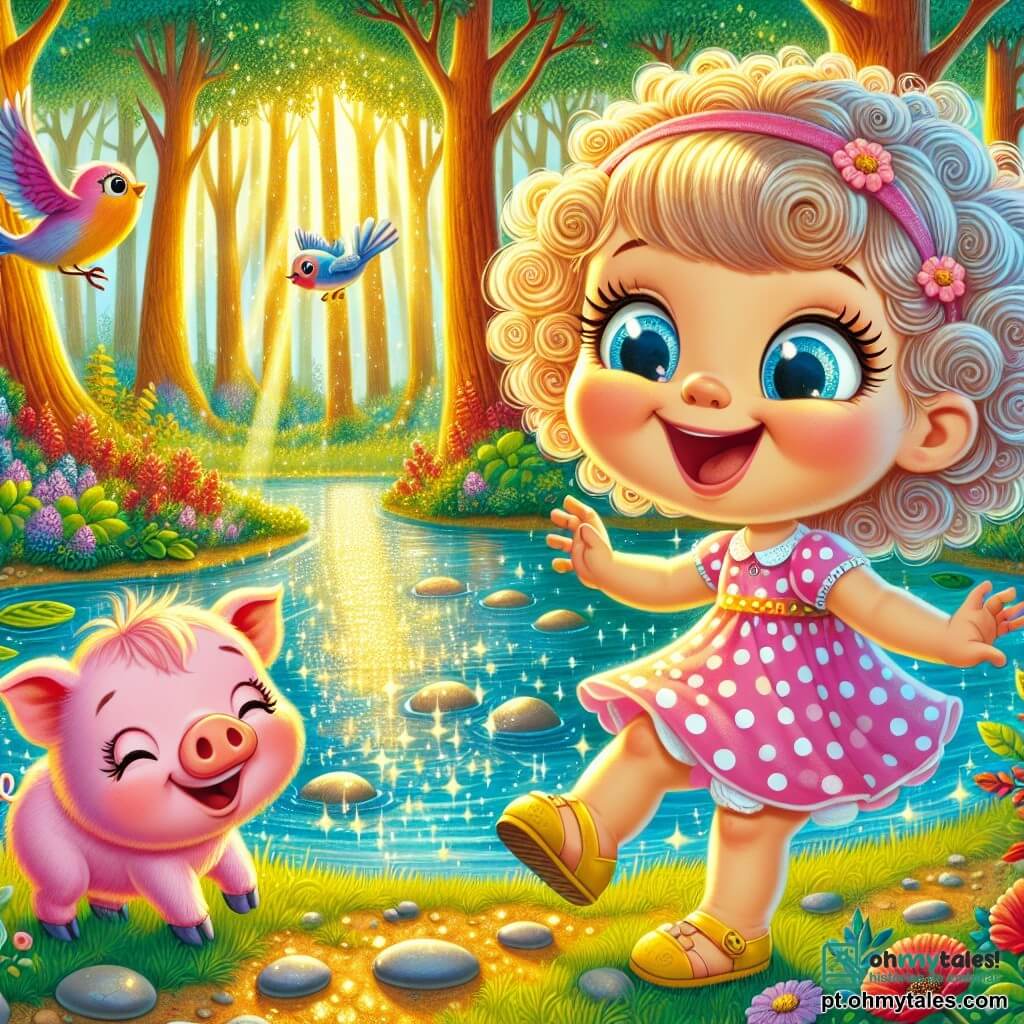 Uma menina de 2 anos, Lila, com olhos brilhantes e cabelos cacheados como nuvens, sorri alegremente ao olhar um lago cintilante. Ela veste um vestido rosa com bolinhas brancas e sandálias amarelas. Ao seu lado, um porquinho rosa, com orelhas redondas e um sorriso amigável, pula alegremente na grama verde. Um pássaro azul de penas brilhantes voa acima deles, cantando feliz. O local é uma floresta mágica, cheia de árvores gigantes com troncos grossos e folhas douradas, onde a luz do sol filtra pelas ramas, criando sombras dançantes no chão. Flores coloridas, vermelhas e roxas, cercam o lago, acrescentando um toque de magia ao ambiente. A cena principal mostra Lila, o porquinho e o pássaro brincando juntos perto do lago, rindo e jogando pedras na água, enquanto respingos brilhantes saltam ao redor, criando uma atmosfera de alegria e aventura.
