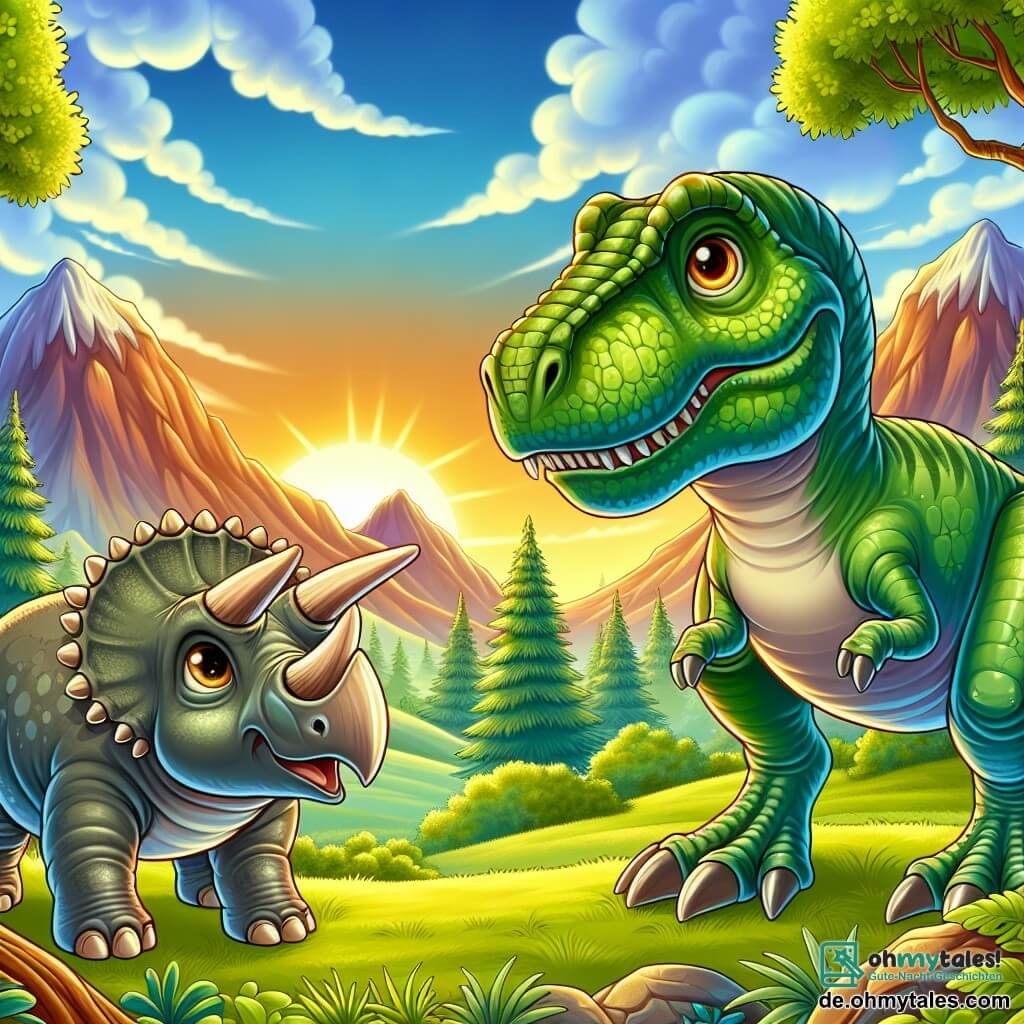 Ein majestätischer Tyrannosaurus Rex mit glänzend grünen Schuppen und neugierigen Augen steht auf einem Hügel und blickt mit einer Mischung aus Staunen und Aufregung in die Ferne. Neben ihm beobachtet ein Triceratops mit einem Kopf, der von drei Hörnern geschmückt ist, seinen Freund aufmerksam und ist bereit, ihn auf dem Abenteuer zu begleiten. Die Szenerie ist eine lebendige prähistorische Landschaft mit majestätischen Bergen im Hintergrund, riesigen Bäumen mit üppigem Laub und einem blauen Himmel, der mit weißen, fluffigen Wolken gesprenkelt ist. Die Szene spielt bei Sonnenaufgang, wo die ersten goldenen Strahlen die Landschaft erleuchten und eine magische Atmosphäre schaffen. In dieser Illustration stehen der Tyrannosaurus Rex und der Triceratops zusammen, bereit, die Geheimnisse der Berge zu erkunden, während ein geheimnisvolles Geräusch in der Ferne ertönt und sie dazu anregt, ins Unbekannte vorzudringen.