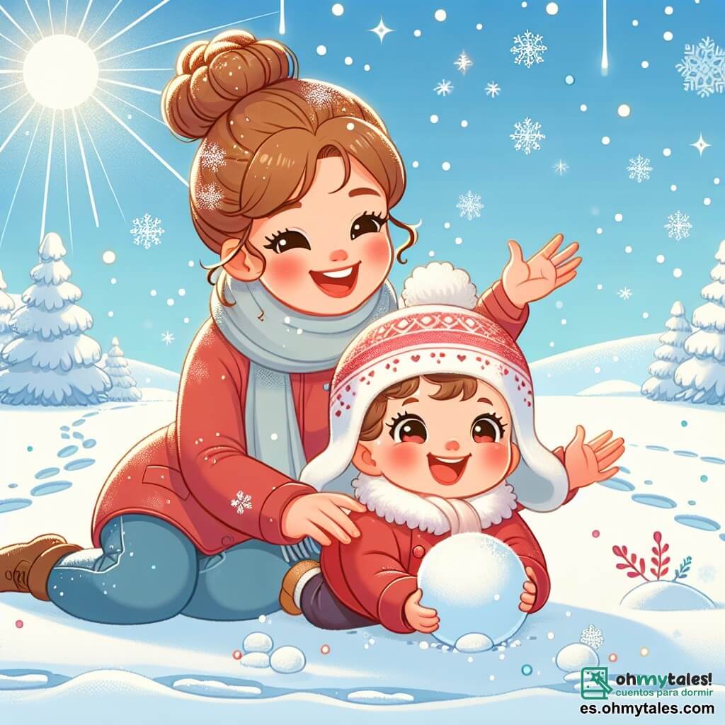 Una niña de 1 año, con mejillas rosas y ojos brillantes, lleva una chaqueta roja y un gorro de lana. Está tumbada en la nieve, riendo a carcajadas, con copos de nieve cayendo a su alrededor. A su lado, su mamá, una mujer de unos 30 años, con el cabello castaño recogido en un moño y una sonrisa cálida, está haciendo una gran bola de nieve. Están en un parque invernal, donde los árboles están cubiertos de nieve brillante y el cielo es de un azul intenso. La escena muestra la alegría del invierno, con huellas en la nieve y un sol radiante iluminando el paisaje.