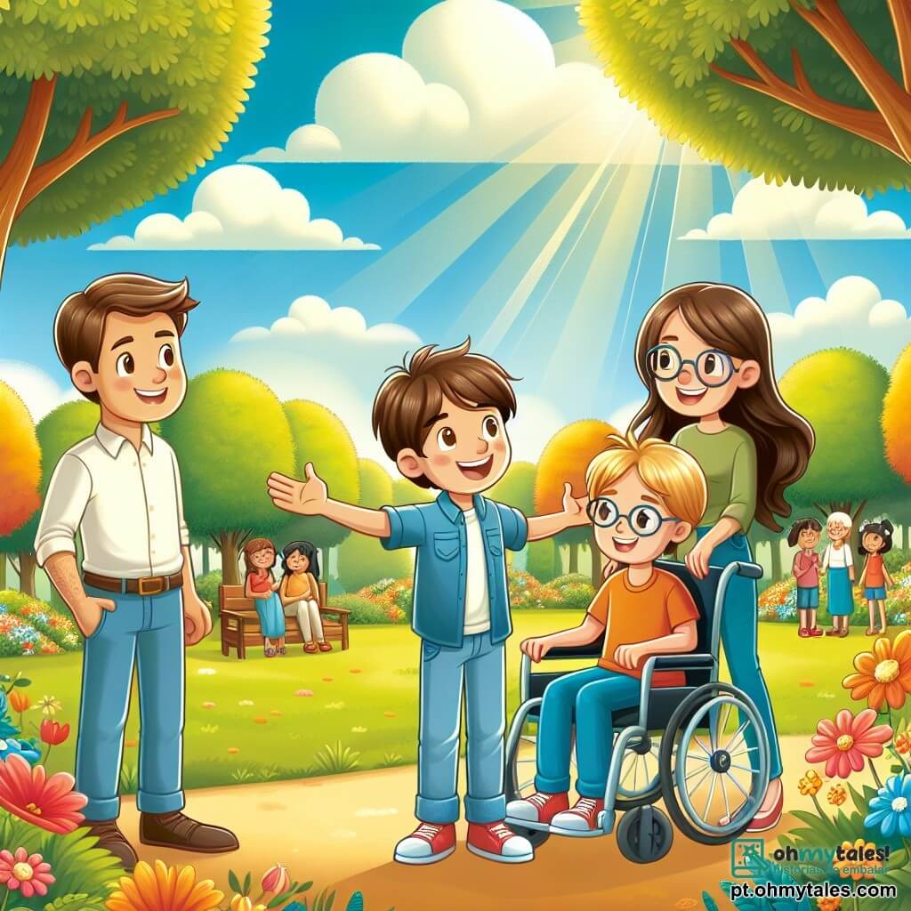 Em um parque ensolarado, um garoto de dez anos chamado Tiago, com cabelos castanhos e um sorriso radiante, está no centro, de braços abertos, como se estivesse compartilhando uma grande notícia. À sua direita, Lucas, um garoto de dez anos em cadeira de rodas, com cabelos loiros e óculos, sorri alegremente, ouvindo atentamente Tiago. À esquerda, os pais de Tiago, uma mulher de cabelos longos e castanhos e um homem com barba leve, estão de mãos dadas, mostrando expressões de compreensão e felicidade. O parque é repleto de verdura, com árvores majestosas, flores coloridas e um céu azul com nuvens brancas. Ao fundo, há um banco onde outras famílias se reúnem, criando uma atmosfera calorosa e amigável. A cena principal mostra Tiago e Lucas incentivando seus pais a falarem sobre seus sentimentos, cercados por um ambiente de apoio e amor, ilustrando a importância da comunicação familiar.