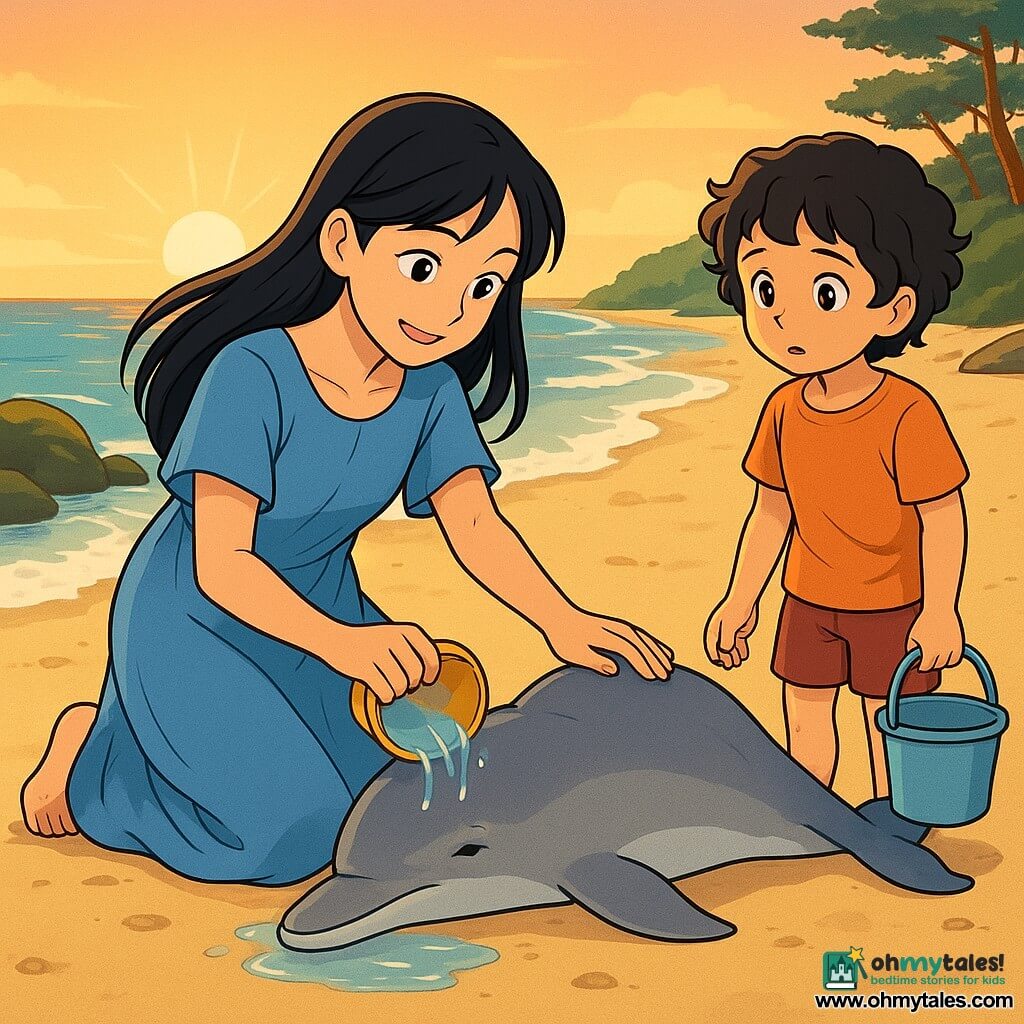 A young woman named Sayo, with long black hair, stands on a golden sandy beach, her face lit up by a smile of hope and empathy. She wears a light blue linen dress, gently flowing in the wind, as she kneels beside a stranded dolphin, her eyes shining with determination and kindness. A few steps away, her sister Megumi, a 10-year-old girl with short curly hair, watches with a mix of concern and admiration. She holds a bucket of water, ready to help, her eyes sparkling with curiosity. The setting is a peaceful beach at sunrise, with gentle waves lapping at the shore, moss-covered rocks, and majestic pines in the background, their needles glistening in the first rays of sunlight. The main scene shows Sayo, focused and caring, pouring seawater over the dolphin while the cool wind lightly lifts her dress. She murmurs comforting words to the dolphin, determined to return it to the sea, while Megumi prepares to assist her, creating an atmosphere of solidarity and tenderness.