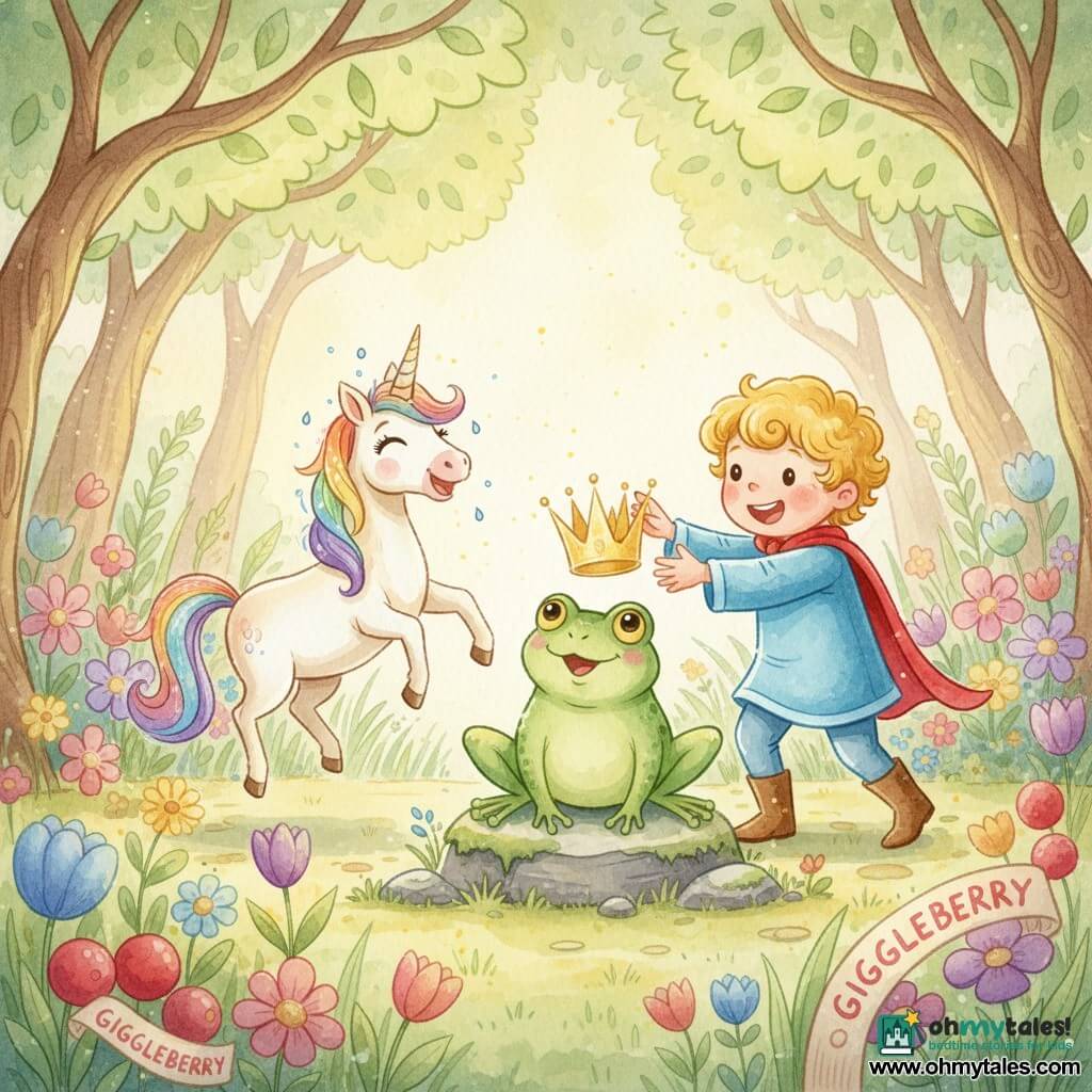 A smiling, awed 6-year-old blond curly-haired prince in a sky-blue velvet robe with a small red cape reaches to place a sparkling crown on a small round emerald-green frog king wearing an oversized golden crown; to the prince's left, a cream-coated unicorn named Bubbles with a flowing rainbow mane and playful eyes skips, dew glinting on its muzzle. They stand in an enchanted clearing with tall grasses, colorful flowers, twisted trees with glowing leaves, a few red and purple giggleberry bushes and golden sunbeams. Main scene: the prince crowns the frog king while the unicorn applauds and all three laugh together; cheerful warm mood, soft colors with clear contrasts, watercolor textures and light splatters for energy.