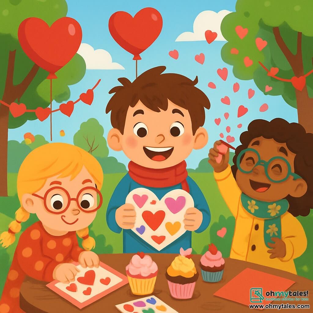 There are 3 characters: Milo: An 8-year-old boy with messy brown hair and a big smile. He is wearing a red scarf and a blue sweater, standing in the center holding a paper heart decorated with colorful drawings. Lily: A 7-year-old girl with braided blonde hair and pink glasses. She is wearing a red polka dot dress and striped tights, to the left of Milo, sticking heart-shaped stickers on a card. Sunny: An 8-year-old girl with curly hair and green glasses. She is wearing a yellow coat and a frog-patterned scarf, to the right of Milo, holding a pack of heart-shaped confetti, ready to throw it. The setting is a bright and cheerful park filled with heart-shaped balloons floating in the blue sky. Green-leaved trees surround a large table full of colorful cakes and cupcakes. Children are playing around, and heart garlands decorate the branches. The main scene shows the three friends preparing Valentine's cards. Milo, with a big smile, displays his decorated card, while Lily and Sunny are about to throw heart-shaped confetti into the air, creating a shower of sparkling colors around them.
