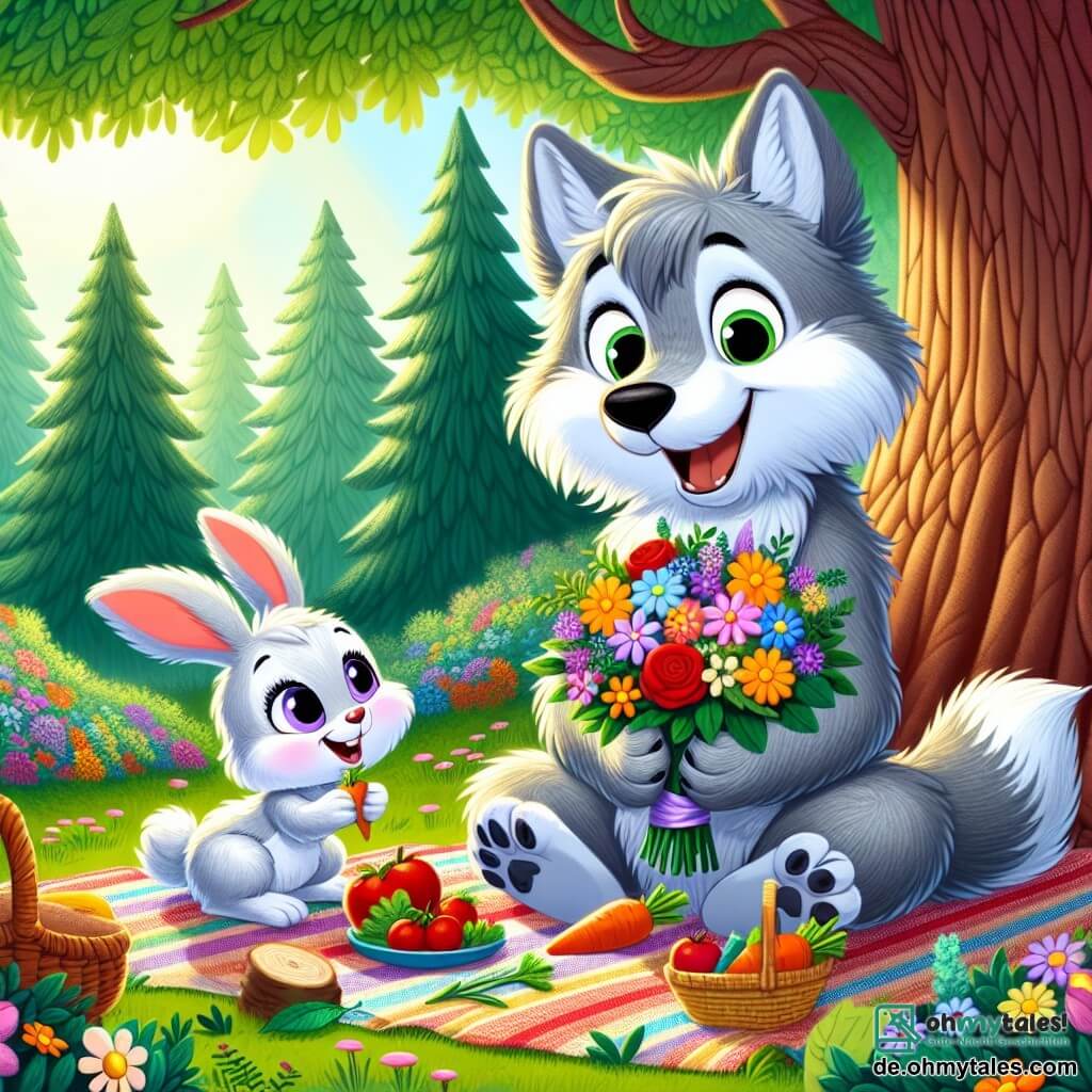 Wolli, ein kleiner Wolf mit grauem Fell und funkelnden Augen, sitzt auf einer bunten Decke unter einem majestätischen Baum. Er lächelt breit und hält einen schönen Strauß aus bunten Blumen, den er gerade für seinen Papa gepflückt hat. Neben ihm springt Hoppel, ein kleiner Hase mit großen Ohren und weißem Fell, vor Freude herum, seine Augen strahlen vor Aufregung. Er hält eine Karotte in seinen Vorderpfoten und scheint bereit, einen Moment des Glücks zu teilen. Der Ort ist ein wunderschöner Waldpark, gefüllt mit großen Bäumen mit leuchtend grünen Blättern, bunten Wildblumen und sanftem Sonnenlicht, das durch die Äste filtert. Die Hauptsituation zeigt Wolli und Hoppel, die ein Überraschungs-Picknick für Wollis Papa vorbereiten, mit köstlichen Speisen, die auf der Decke ausgebreitet sind, während der Papa-Wolf mit einem breiten Lächeln näher kommt, überrascht und erfreut über diese schöne Überraschung.
