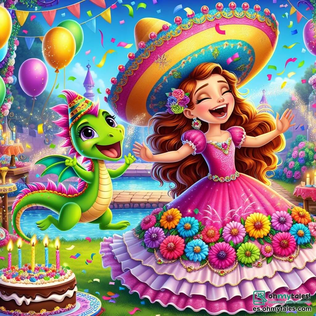 La princesa Lila, una niña de unos 10 años, tiene largos cabellos ondulados de color castaño y lleva un vestido rosa brillante adornado con flores multicolores. Se ríe a carcajadas, su rostro radiante de alegría, mientras baila con un gran sombrero de fiesta en la cabeza, lleno de confeti. A su lado, Chispa, un pequeño dragón verde brillante con alas centelleantes, vuela en círculos alrededor de ella, emitiendo gritos alegres como un pajarito. Está haciendo piruetas en el aire, añadiendo un toque de magia a la escena. El decorado es un jardín encantador, lleno de flores coloridas, árboles danzantes y ríos cantores. Globos flotan en el cielo azul, y un gran pastel de chocolate se encuentra en una mesa decorada con guirnaldas. La situación principal muestra a la princesa Lila y Chispa en plena celebración, rodeados de risas y baile, mientras organizan una gran fiesta para compartir la alegría y la magia del reino de Risaville.