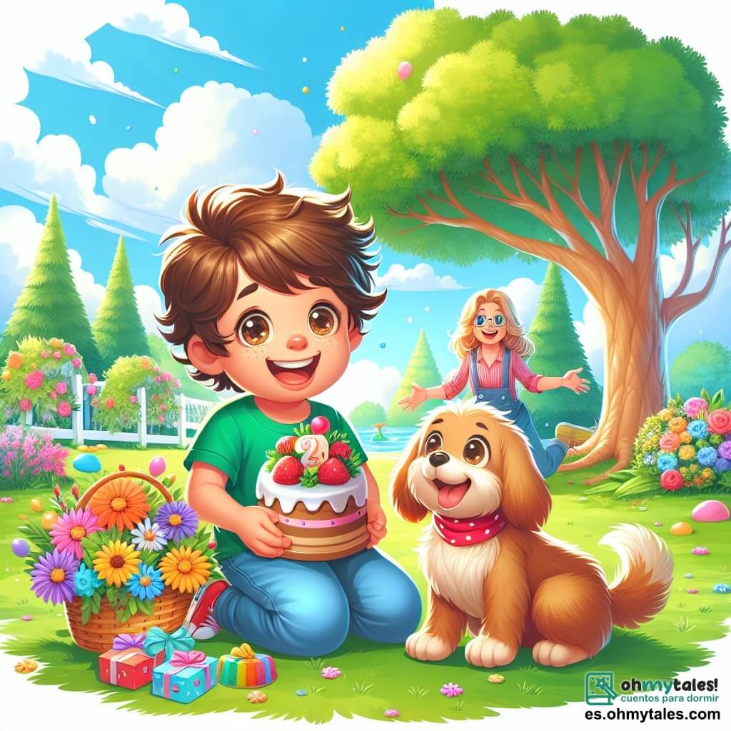 Un niño pequeño de 4 años, Lucas, con cabello castaño despeinado y grandes ojos brillantes de alegría, está sentado en una gran hoja verde bajo un árbol. Sonríe ampliamente, sosteniendo una pequeña cesta llena de flores coloridas y pasteles. A su lado, su fiel perro Max, un pequeño perro de pelaje dorado, mueve la cola con entusiasmo, mirando a Lucas con ojos llenos de amor. En el fondo, la mamá de Lucas, una mujer de unos 30 años con cabello largo y castaño, se acerca con una sonrisa emocionada, con los brazos abiertos para recibir a su hijo y a su perro. El lugar es un parque soleado, con árboles majestuosos, flores vibrantes y un cielo azul claro salpicado de nubes blancas. La escena muestra el momento mágico en que Lucas y Max sorprenden a la mamá con un picnic especial por el Día de la Madre, lleno de risas y amor.