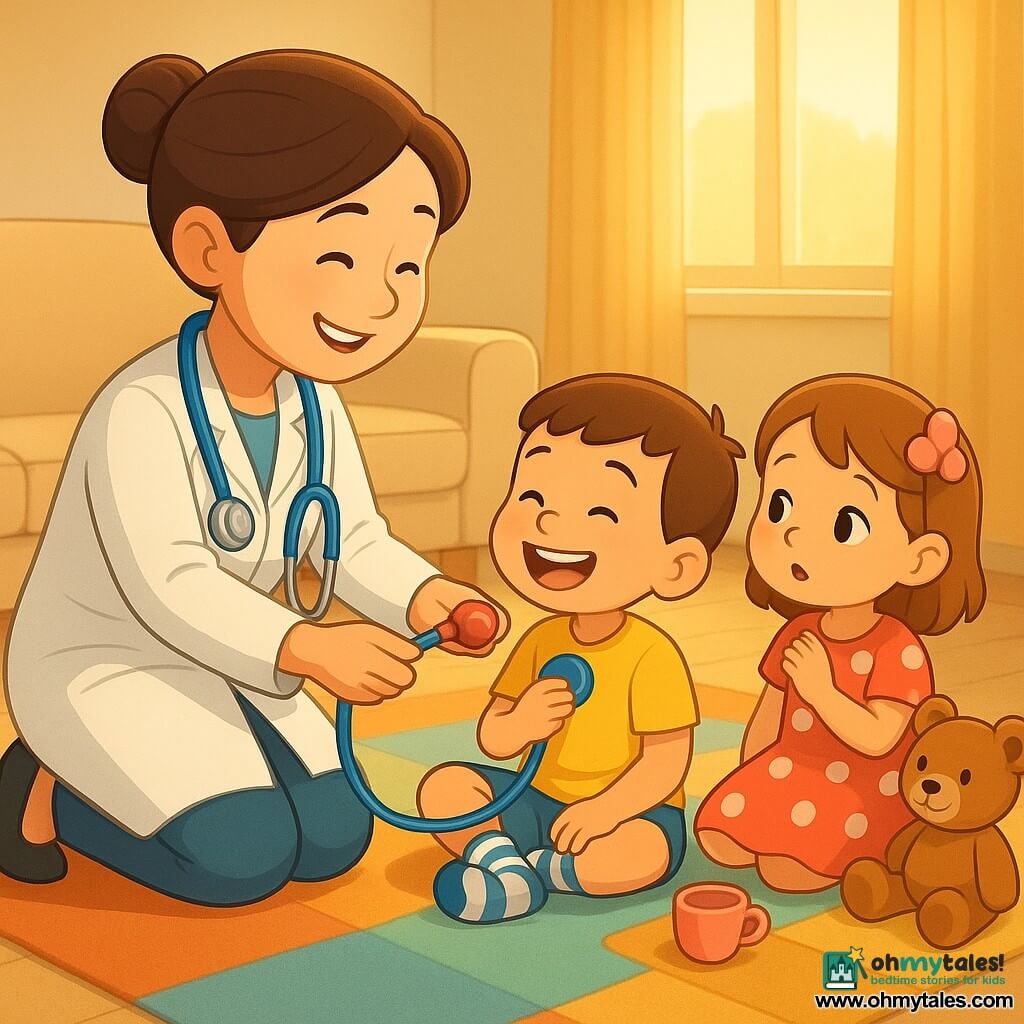 Smiling female doctor with brown hair in a soft bun, wearing a slightly wrinkled white coat and a blue stethoscope, kneels and offers a toy stethoscope to two children; a laughing ~4-year-old boy with short hair and striped socks holds the toy to his chest on a colorful rug, and a ~3-year-old girl in a polka-dot dress with a pink hairclip touches her clip while watching, seated near a teddy and a toy cup, in a cozy, sunlit living room with a cream sofa, multicolored rug, scattered toys (red ball, teddy, toy cups) and a star-shaped bandage box on the coffee table — a tender, reassuring moment as the doctor calmly explains and listens to their hearts, warm colors and golden morning light, relaxed expressions.