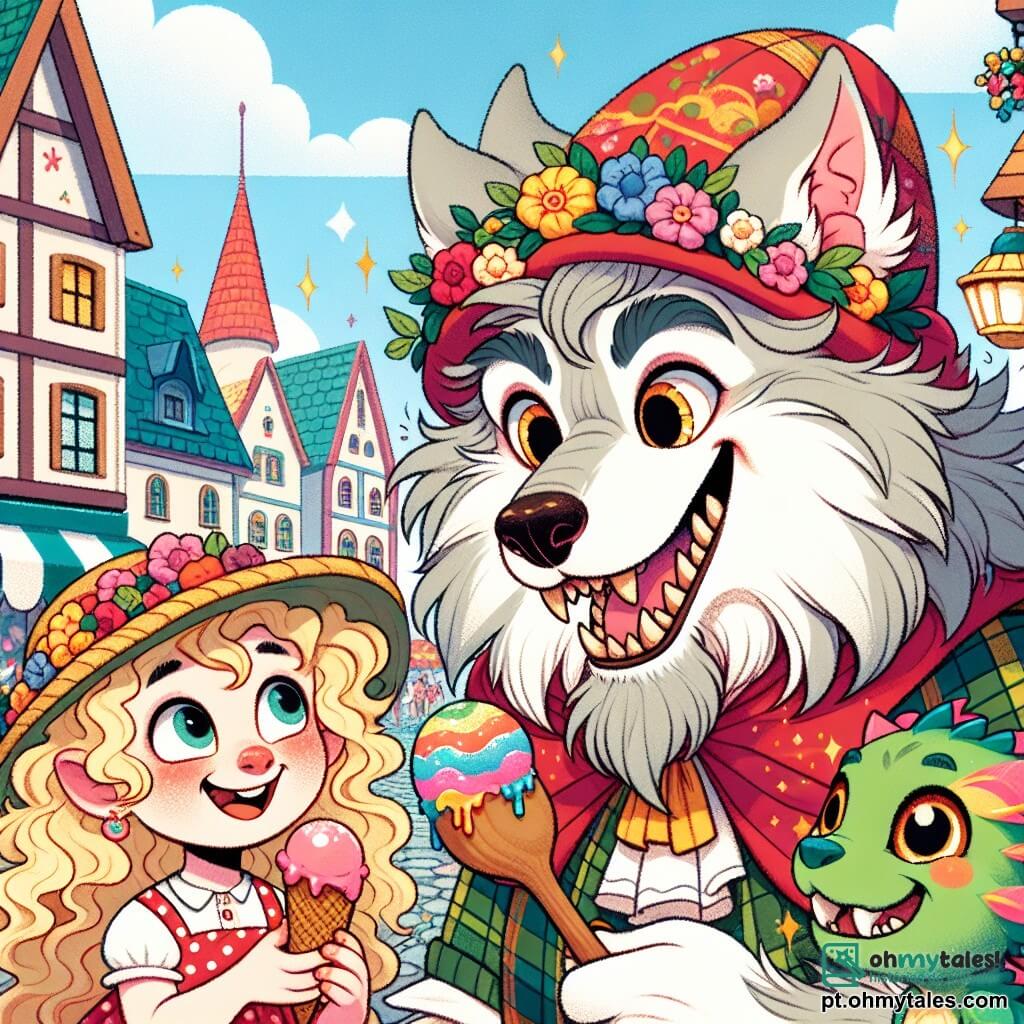 Au centre da imagem, um lobisomem alegre chamado Garou, com pelagem cinza e olhos brilhantes de travessura, usa um chapéu colorido decorado com flores. Ele sorri amplamente, mostrando seus dentes afiados, enquanto segura uma grande colher de madeira, pronto para servir sorvetes. Ao seu lado, uma menina de cerca de 8 anos, com cabelos cacheados e dourados, vestindo um vestido de bolinhas vermelhas, observa Garou com admiração. Ela segura um cone de sorvete de morango, com os olhos brilhando de alegria. Perto deles, um pequeno dragão verde chamado Bilu, com escamas cintilantes e olhos dourados, voa alegremente ao redor, deixando para trás um rastro de brilhos. A cena acontece na charmosa praça da Vila das Maravilhas, cercada por casas coloridas com telhados inclinados, flores vibrantes e uma fonte mágica que projeta arco-íris no céu azul. Nesta ilustração, Garou e Bilu acabaram de encontrar um velho carrinho de sorvetes e celebram seu sucesso compartilhando sorvetes com as crianças da aldeia, criando uma atmosfera de festa e camaradagem.