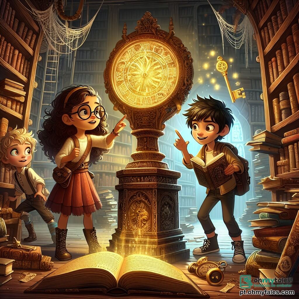 Em uma antiga biblioteca misteriosa, três amigos estão no centro da cena. À esquerda, **Sofia**, uma menina de 11 anos com cabelos cacheados e óculos redondos, observa maravilhada um livro antigo aberto à sua frente. À direita, **Miguel**, um garoto de 11 anos com cabelos negros bagunçados e um sorriso travesso, aponta para uma chave dourada que flutua no ar. No centro, **Clara**, uma menina de 11 anos com cabelos loiros trançados e um olhar pensativo, segura um velho livro de feitiços, com as sobrancelhas franzidas, como se estivesse resolvendo um enigma. A biblioteca é escura e cheia de livros empoeirados, com prateleiras de madeira esculpida que vão até o teto. Teias de aranha pendem nos cantos, e uma luz mágica emana de um grande Relógio das Sombras, posicionado em um pedestal no meio da sala, iluminando os rostos das crianças com um brilho dourado. Os três amigos estão descobrindo o Relógio das Sombras, uma peça mágica que pulsa de energia, enquanto se preparam para restaurar a paz entre humanos e sombras.