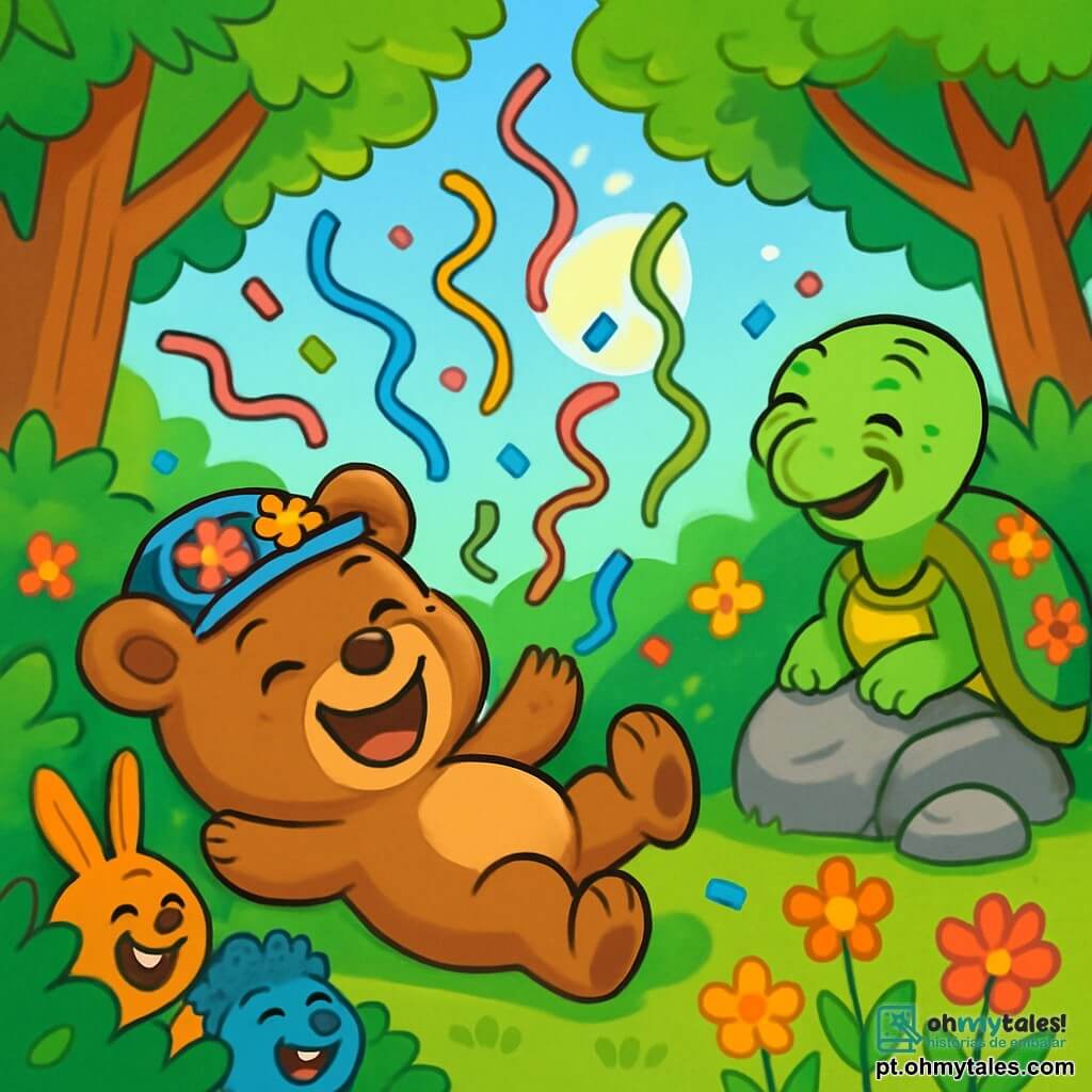 No centro da imagem, Ursinho Bolota, um urso de pelúcia marrom com um sorriso travesso e olhos brilhantes, está deitado no chão, rindo muito. Suas pequenas orelhas redondas se levantam alegremente, e ele usa um chapéu colorido adornado com flores. À sua direita, Dona Tarta-Lenta, uma velha tartaruga com uma carapaça verde decorada com padrões florais, sorri suavemente, os olhos apertados de felicidade. Ela está sentada em uma pedra, observando a cena com diversão. Ao fundo, a floresta é vibrante de cores, com grandes árvores de folhas verdes brilhantes e flores multicoloridas que dançam ao vento. Um raio de sol filtra através dos galhos, iluminando a cena com uma luz dourada. A situação principal mostra Bolota rindo alto após ser surpreendido por uma chuva de confetes e serpentinas, enquanto os outros animais escondidos nos arbustos riem, celebrando a brincadeira alegre que foi preparada para ele.