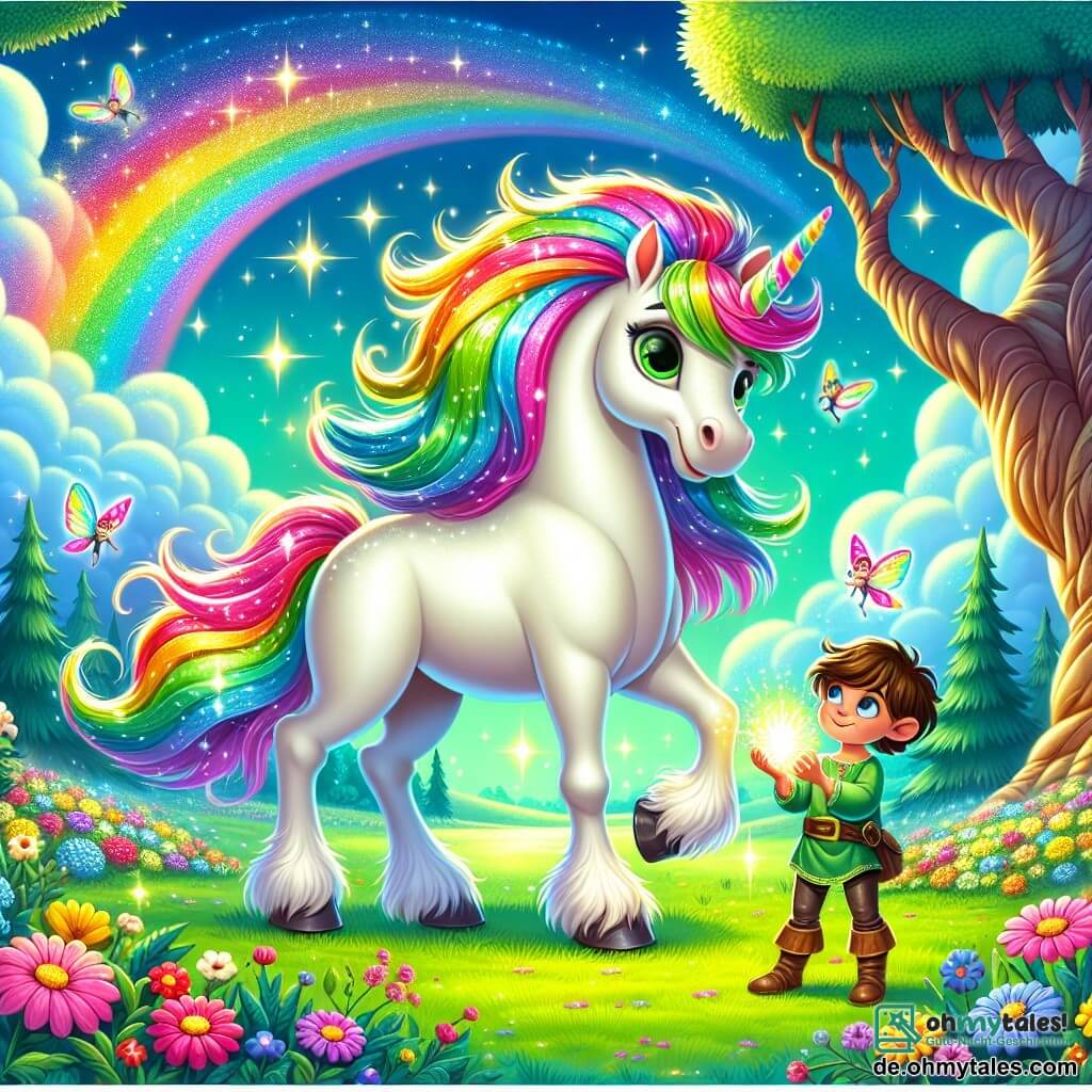 Eine wunderschöne weiße Einhorn mit einer schimmernden Mähne in Regenbogenfarben steht stolz im Zentrum des Bildes. Ihre großen, leuchtenden Augen drücken Entschlossenheit und Freundlichkeit aus. Sie ist von leuchtenden Blumen und kleinen Feen umgeben, die um sie herumtanzen. An ihrer rechten Seite hält ein 8-jähriger Junge mit zerzausten braunen Haaren und einem mutigen Lächeln einen strahlenden magischen Kristall in seinen Händen, bereit, seine Freundin zu verteidigen. Er trägt eine grüne Tunika und Lederhosen und steht fest auf dem grasbewachsenen Boden. Die Szenerie zeigt ein verzaubertes Tal, das mit bunten Blumen, großen Bäumen mit knorrigen Stämmen und einem blauen Himmel voller fluffiger Wolken gefüllt ist. In der Ferne stürzt ein glitzernder Wasserfall in einen kristallklaren Bach. Die Szene stellt den Moment dar, in dem das Einhorn und der Junge sich darauf vorbereiten, einem bösen Troll entgegenzutreten, der ihre magische Welt bedroht, und vereinen ihre Kräfte, um die Magie des Tals zu schützen.