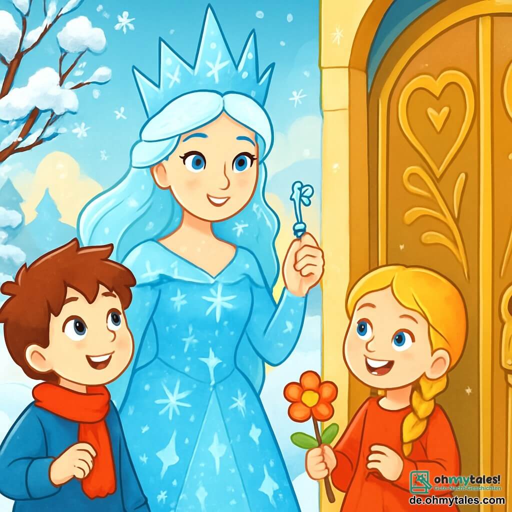 Die Schneekönigin, eine majestätische Frau von ätherischer Schönheit, trägt ein glitzerndes Kleid aus Eiskristallen, das in der Sonne funkelt. Ihr Gesicht ist sanft, aber entschlossen, mit saphirblauen Augen, die das Licht reflektieren. Sie lächelt warm und hält einen kleinen silbernen Schlüssel in ihrer zarten Hand, bereit, die Tür zum Glück zu öffnen. An ihrer Seite steht Kai, ein etwa 10-jähriger Junge mit zerzausten braunen Haaren und funkelnden neugierigen Augen. Er trägt einen blauen Mantel, der im Kontrast zum strahlenden Weiß des Schnees steht, und schaut bewundernd zur Königin, bereit, sie auf ihrem Abenteuer zu begleiten. Gerda, ein 9-jähriges Mädchen mit geflochtenem blonden Haar und einem leuchtend roten Kleid, steht etwas im Hintergrund, lächelt fröhlich und hält eine bunte Blume, die sie im Schnee gefunden hat. Die Szene spielt in einer wunderschönen Winterlandschaft, wo Bäume mit schneebedeckten Ästen zum blauen Himmel aufragen. Schneeflocken tanzen in der Luft, und in der Ferne zeichnet sich ein geheimnisvoller Tal ab, umhüllt von goldenem, warmem Licht. Die Schneekönigin, Kai und Gerda stehen vor einer großen Tür, die mit herz- und federförmigen Mustern verziert ist, bereit, ein neues Kapitel ihres Abenteuers zu eröffnen. Die Atmosphäre ist erfüllt von Aufregung und Hoffnung, während sie sich darauf vorbereiten, Magie und Licht in die Welt um sie herum zu bringen.