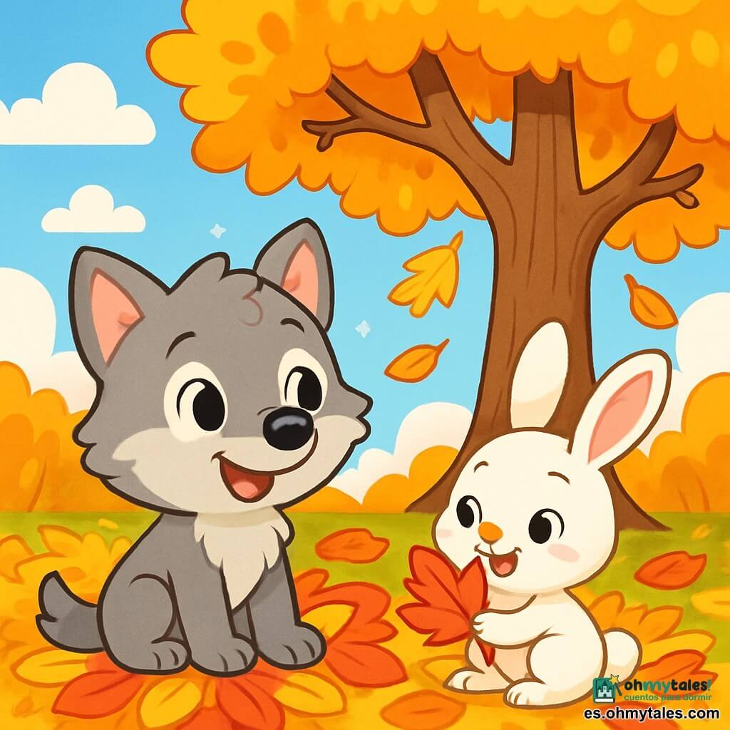 Un pequeño lobo llamado Lolo, con un pelaje gris suave y ojos brillantes de curiosidad, está sentado sobre una alfombra de hojas multicolores, sonriendo con asombro. A su lado, un pequeño conejo llamado Tito, con pelaje blanco y grandes orejas, mira con entusiasmo una hoja roja brillante que sostiene con sus patas. Al fondo, un gran roble majestuoso se alza, sus ramas adornadas con hojas doradas que caen suavemente al suelo. El cielo es de un azul claro, salpicado de nubes blancas y esponjosas, y el suelo está cubierto de una hermosa mosaico de hojas amarillas, rojas y naranjas. Lolo y Tito exploran alegremente el cambio de estación, maravillados por la belleza del otoño que los rodea.