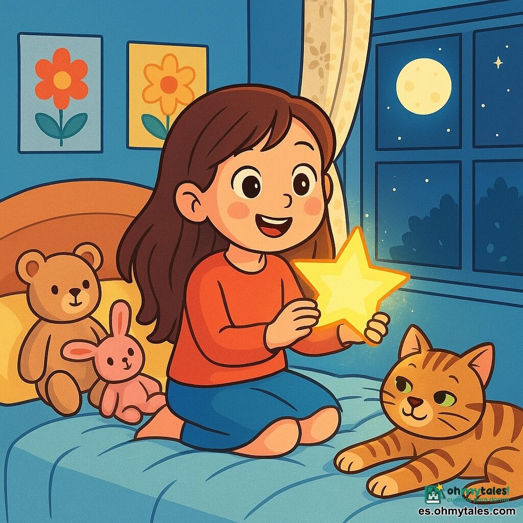 Una niña de 8 años, llamada Lucía, con largos cabellos castaños y ojos llenos de curiosidad, está sentada en su cama, rodeada de peluches. Tiene una sonrisa maravillada y mejillas sonrosadas, sosteniendo una estrella de papel brillante en sus manos. A su lado, un gato atigrado llamado Mimoso, con un pelaje suave y ojos verdes traviesos, está acostado en la cama, con las patas extendidas, pareciendo dormido pero atento. La habitación es acogedora, con paredes pintadas de azul pastel, cortinas de encaje y pósters de flores coloridas. Una suave luz de luna filtra a través de la ventana, iluminando la habitación con un resplandor tranquilizador. Lucía, asombrada, se prepara para colocar la estrella en el alféizar de la ventana, mientras que Mimoso, curioso, la observa con una expresión traviesa. La atmósfera es mágica, llena de sueños y promesas, mientras la noche envuelve suavemente el mundo exterior.