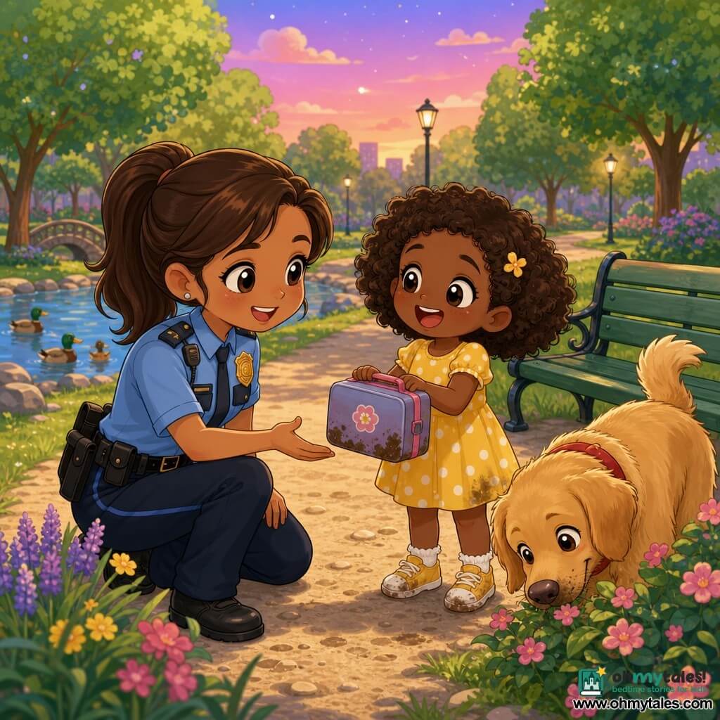 Officer Emma, a smiling reassuring woman with a round face and brown ponytail in a light blue uniform and shiny badge, kneels and reaches toward a lunchbox as Max, a wagging-tailed golden retriever with a red collar, sniffs a nearby flowering bush; seven-year-old Mia, with curly brown hair in a yellow dress with white polka dots, stands in front of a green wooden bench holding a slightly muddy lunchbox, relieved and joyful. The colorful park has a beige gravel path, pond with ducks, round-leaved trees and a pastel twilight sky. The scene captures the moment Max discovers the box under the bush, Emma comforting Mia, with soft light, vivid colors, centered warm composition in chibi kawaii style, thick contrasting lines and playful textures.