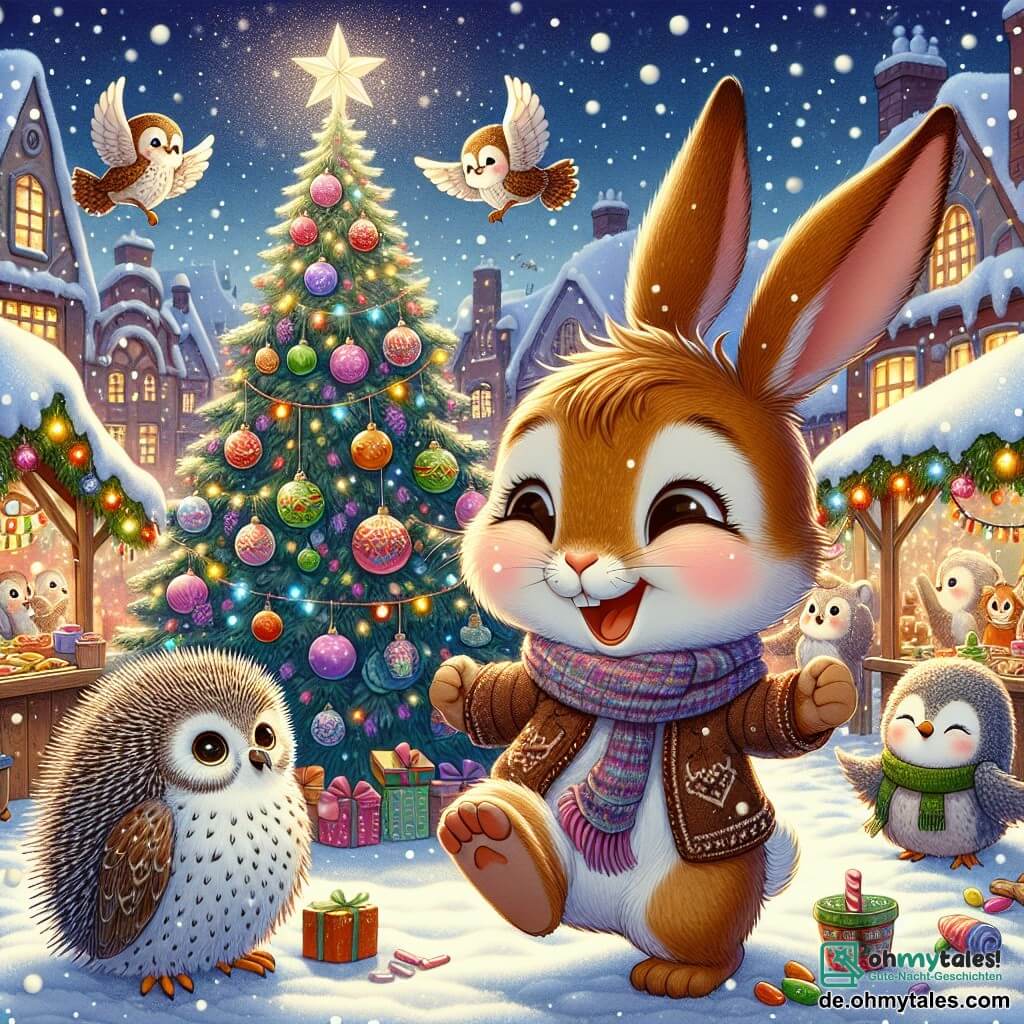 In einem charmanten verschneiten Dorf springt ein kleiner Hase namens Felix mit seinem weichen braunen Fell und den großen aufrechten Ohren fröhlich neben einem prächtigen Weihnachtsbaum, der mit glitzernden Girlanden und bunten Kugeln geschmückt ist. Neben ihm fliegt ein kleines Eulchen namens Emma mit weißen Federn und funkelnden Augen fröhlich um den Baum und teilt ihre Begeisterung, während ein schüchterner Igel namens Max mit seinem stacheligen Rücken und einem sanften Lächeln die Dekorationen bewundernd aus der Ferne betrachtet. Der Weihnachtsmarkt ist lebhaft, gefüllt mit bunten Ständen, die Leckereien, Holzspielzeug und glänzende Lichter verkaufen, während sanfte Schneeflocken vom sternenklaren Himmel fallen und der festlichen Stimmung einen magischen Touch verleihen. Die Szene zeigt Felix und seine Freunde, die zusammen singen, umgeben von Lachen und Freude, und den Geist von Weihnachten in einer warmen und freundlichen Atmosphäre feiern.