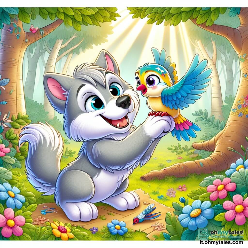 Un lupo gentile di nome Lupo, con un morbido pelo grigio e occhi brillanti ed espressivi, si trova al centro della scena, sorridendo gioiosamente mentre tiene un piccolo uccello dalle piume colorate tra le zampe. Lupo mostra un'espressione di felicità e benevolenza, pronto ad aiutare il suo nuovo amico. Accanto a lui, un piccolo uccello con un'ala fasciata, dalle piume gialle e blu, guarda Lupo con gratitudine, appollaiato su un ramo. La scena si svolge in una foresta incantata, piena di alberi maestosi, fiori colorati e un dolce raggio di sole che filtra tra i rami, creando un'atmosfera calda e accogliente. Lupo, con il cuore pieno di gentilezza, aiuta l'uccello ferito a riprendersi, mostrando l'importanza dell'amicizia e della compassione nella natura.