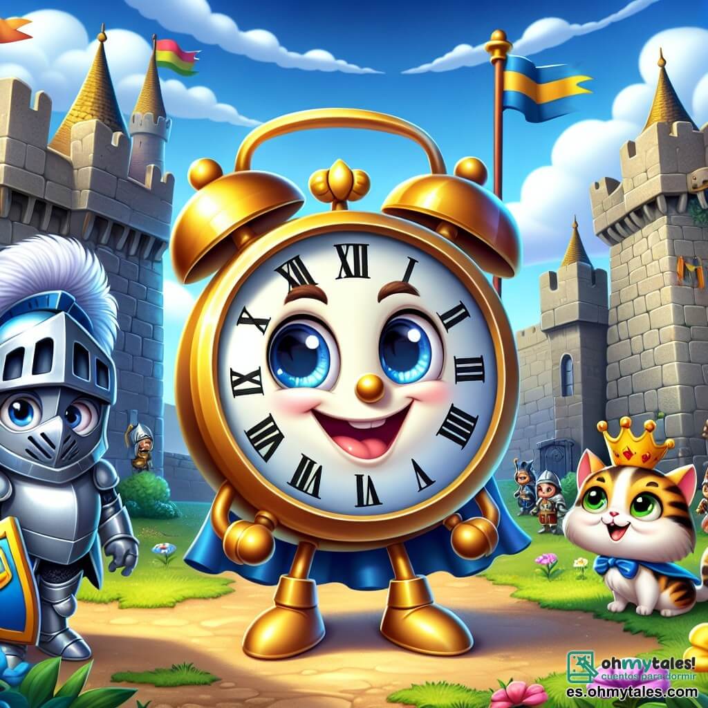 Un pequeño personaje en forma de despertador, con una cara sonriente y ojos brillantes, se encuentra en el centro de la imagen, irradiando alegría y emoción. Sus agujas doradas brillan bajo la luz, y parece listo para la aventura. A su derecha, un caballero en armadura reluciente, con una gran sonrisa y ojos llenos de admiración, lo observa con entusiasmo, sosteniendo una espada decorada con motivos coloridos. A la izquierda, un pequeño gato travieso, con pelaje atigrado y ojos pícaros, lleva una corona en la cabeza y parece listo para jugar, añadiendo un toque de misterio a la escena. El fondo es un magnífico castillo medieval, con altas torres de piedra, banderas ondeando al viento y un cielo azul brillante. Flores coloridas crecen alrededor de las paredes del castillo, y los pájaros cantan en los árboles. La situación principal muestra al pequeño personaje en forma de despertador, rodeado de sus nuevos amigos, listo para ir en busca de la corona perdida del rey, con un aire decidido y lleno de entusiasmo.