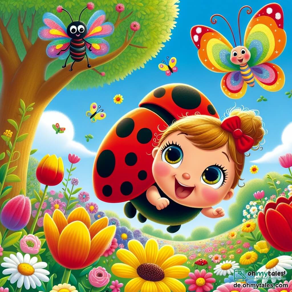 Ein kleiner Marienkäfer namens Lilli, mit roten Flügeln und schwarzen Punkten, lächelt fröhlich, während sie über einen bunten Garten fliegt. Ihre Augen funkeln vor Aufregung, während sie die Blumen unten zählt. Neben ihr tanzt ein Schmetterling mit bunten Flügeln und einem freundlichen, neugierigen Gesicht in der Luft und teilt Lillis Freude. Der Garten ist voller leuchtender Blumen wie gelben Tulpen, rosa Rosen und weißen Margeriten, unter einem klaren, sonnigen blauen Himmel. Im Hintergrund bietet ein majestätischer großer Baum Schatten, dessen Äste sich wie einladende Arme ausstrecken. Lilli und der Schmetterling bereiten sich darauf vor, eine kleine Feier auf einem Ast zu organisieren, umgeben von anderen fröhlichen Insekten, die sich ihnen anschließen, um den Sommer zu feiern.