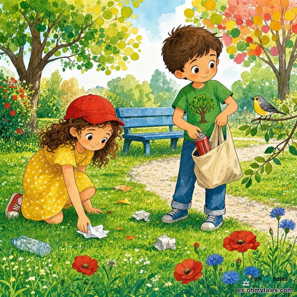 Dos niños en un parque soleado: Ana, 6 años, cabello castaño rizado, gorra roja, vestido amarillo con motas, arrodillada a la izquierda recogiendo un papel y sonriendo; Tomás, 6 años, cabello corto castaño, camiseta verde con dibujo de árbol y vaqueros, de pie a la derecha poniendo una lata en una bolsa de tela; un pequeño pájaro amarillo y gris en una rama cercana los observa; césped verde, banco de madera azul, árboles con hojas redondeadas, flores rojas y azules, sendero de grava y algunas hojas y papeles; ambiente luminoso y alegre, colores vivos, estilo tinta y acuarela con texturas visibles.
